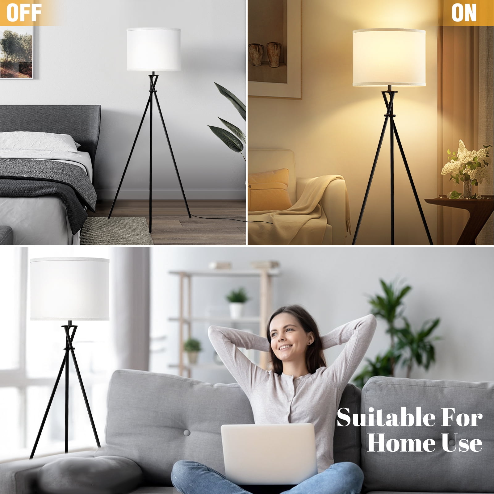 NATYSWAN Modern Tripod Floor Lamp for Living Room, Tall Standing Lamp with White Fabric Shade (Black, 61 in) 1e2dr