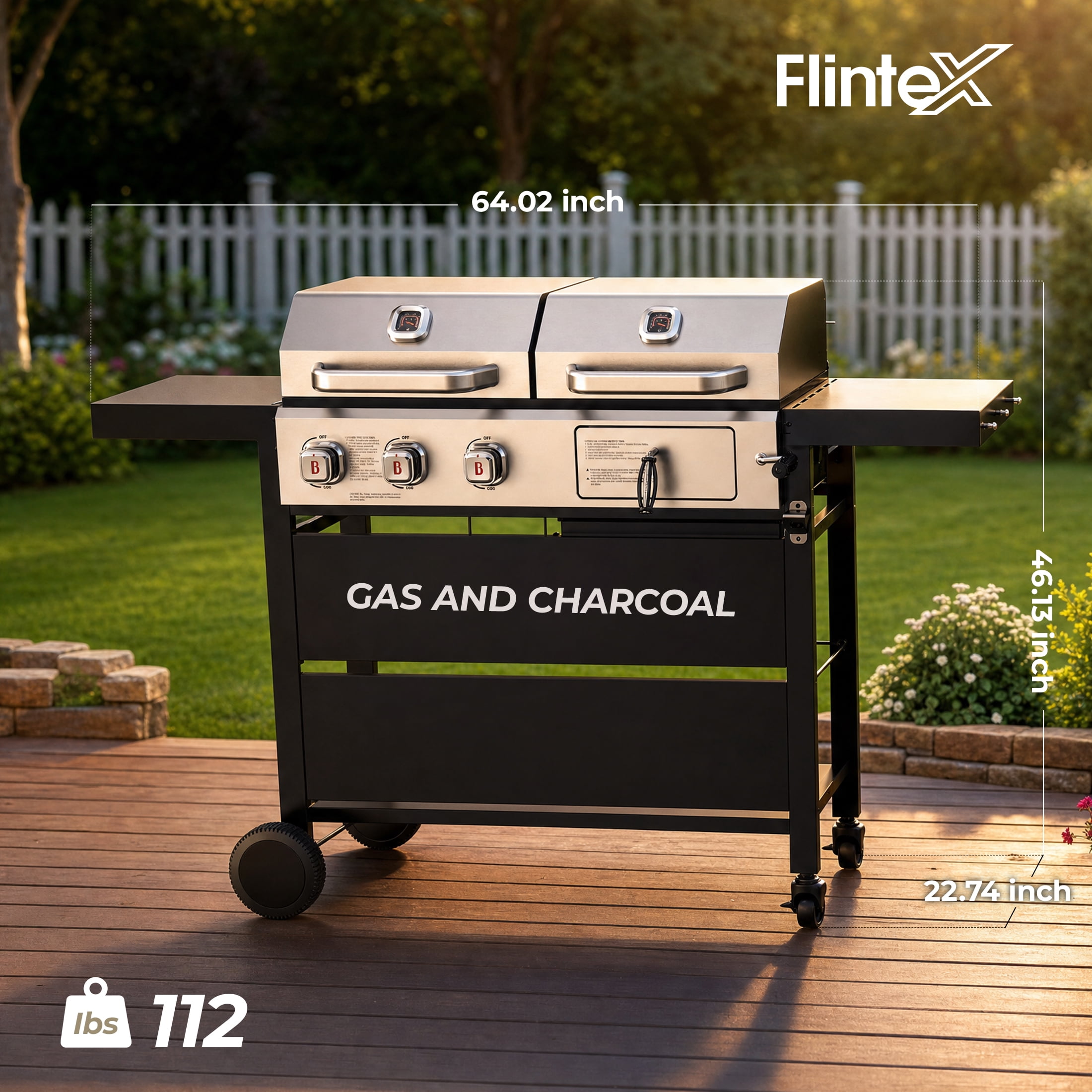 Flintex Dual Fuel Propane Gas and Charcoal BBQ Grill with Stainless Steel Lids (Silver, 678 sq in) pbr8n
