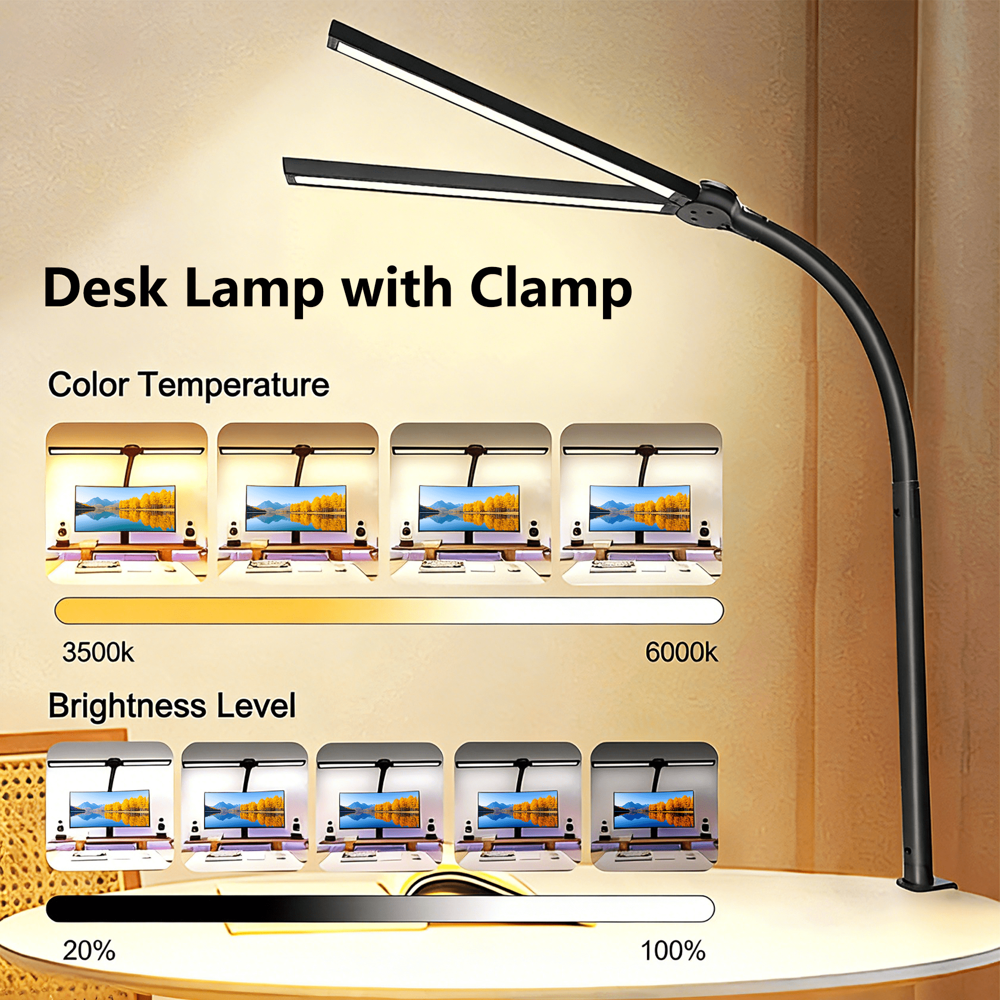 Alichome LED Desk Lamp, Clip-On Task Light with Flexible Gooseneck, 5 Brightness Levels & 4 Color Modes (Black, 2 in Clamp) y7pbw