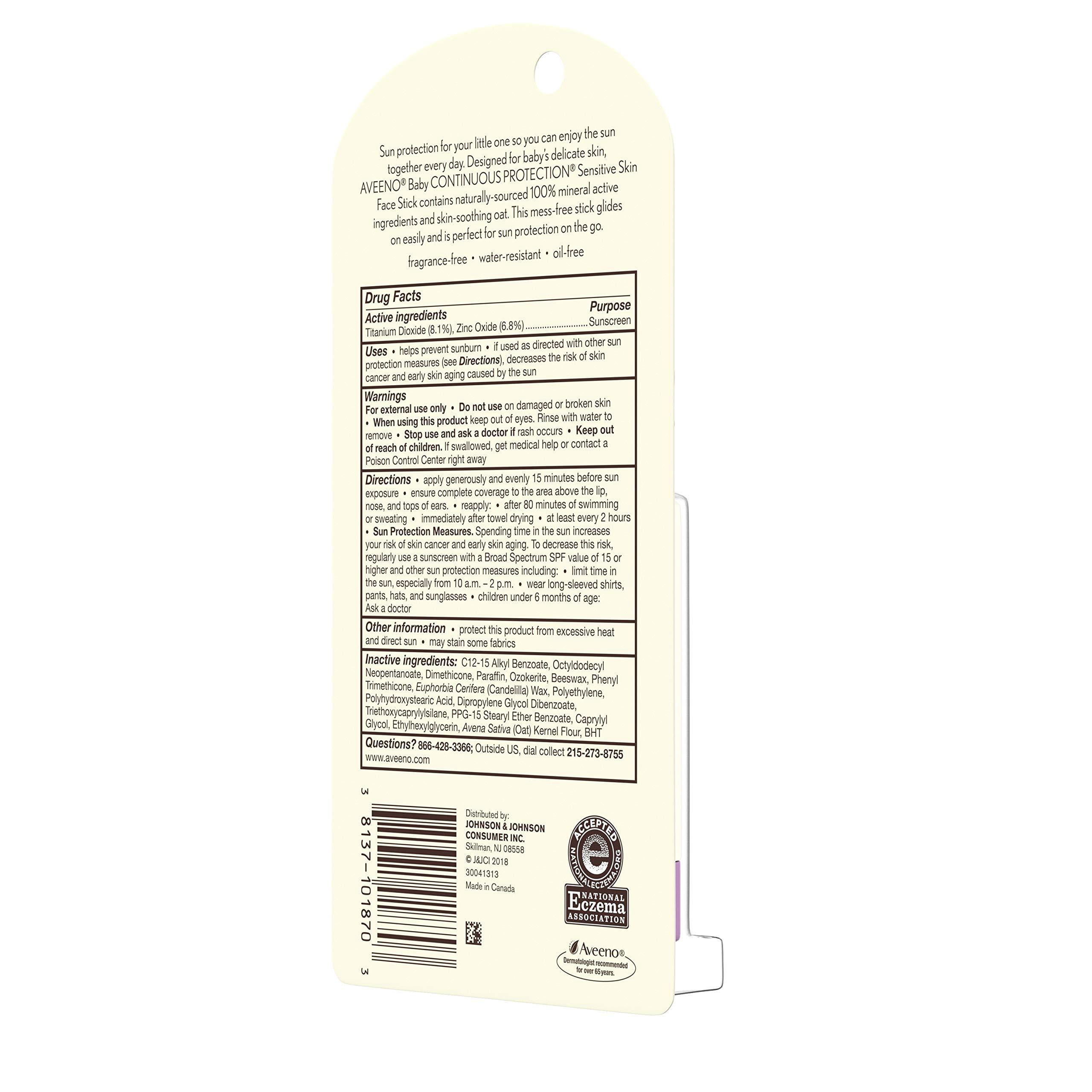 Aveeno Baby Continuous Protection Sensitive Skin Mineral Sunscreen Stick SPF 50 (0.5 oz, Pack of 2) 8u89n