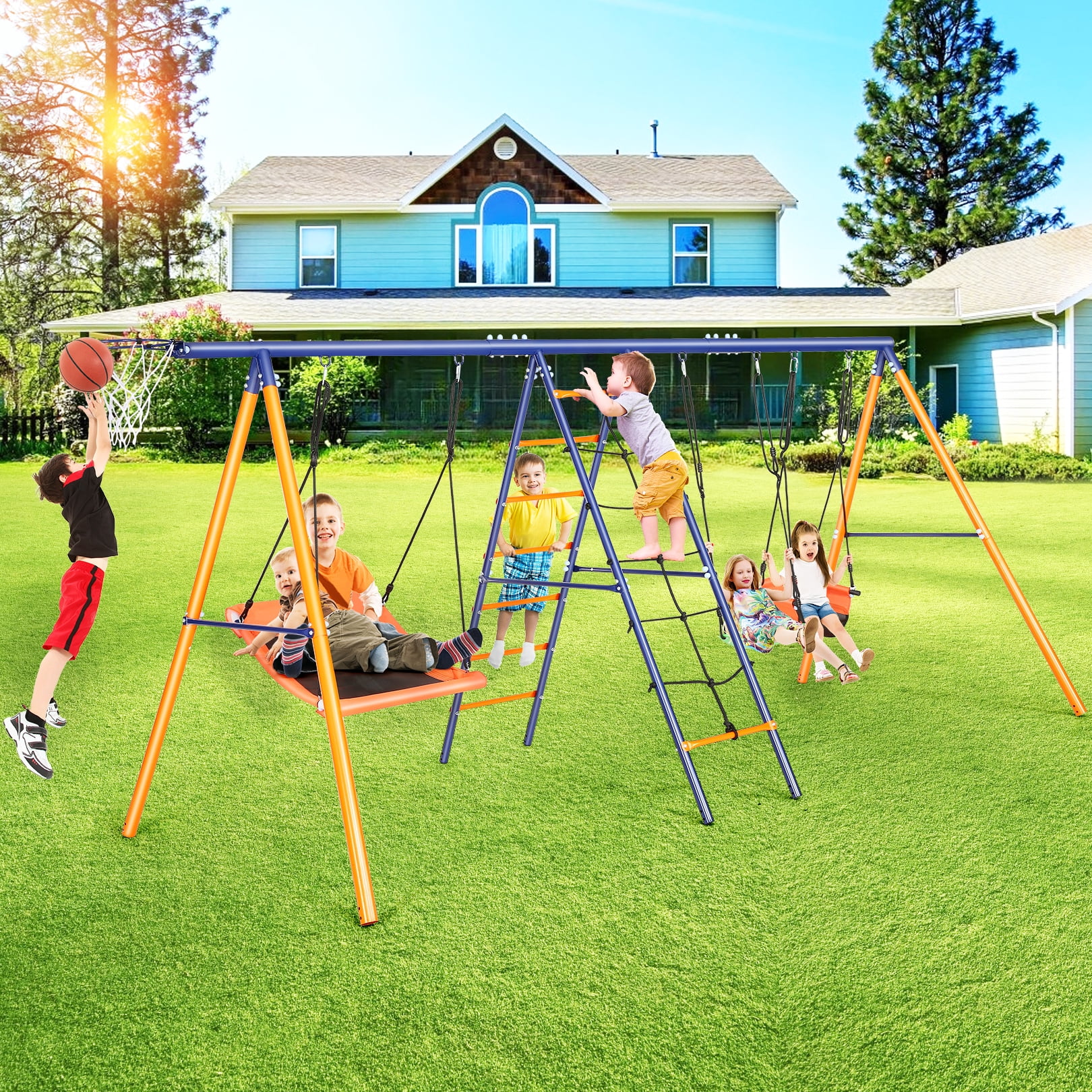 Veeboto 6-in-1 Outdoor Swing Set, Heavy-Duty Metal Playground with Basketball Hoop and Climbing Ladder (Orange, 71 in x 151.6 in x 72.8 in) gdgn6