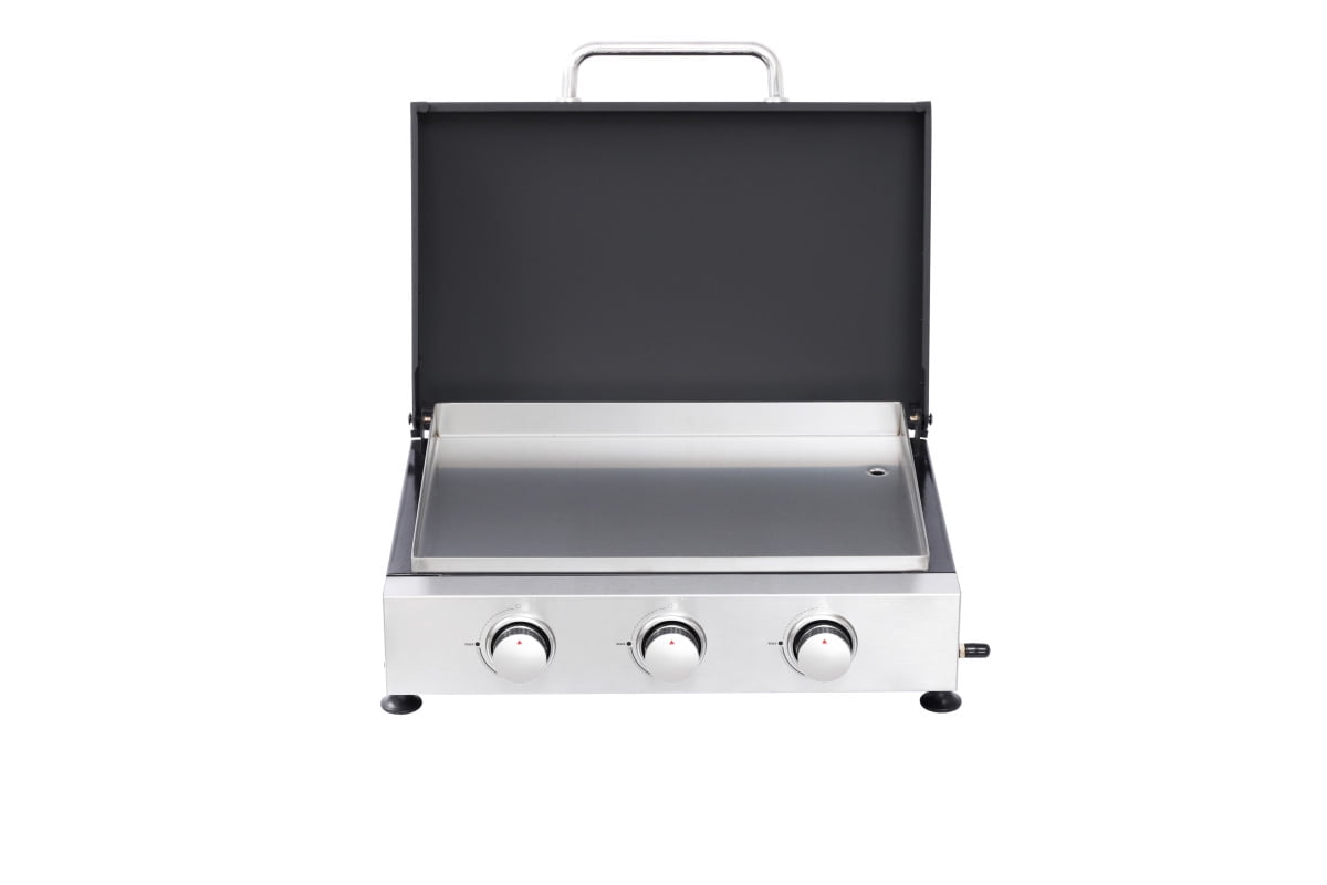 GORTES 3-Burner Gas Grill, Stainless Steel Outdoor BBQ with Teppanyaki Plate and Cast Iron Grates (Silver, 391 sq. in.) 3i5t0