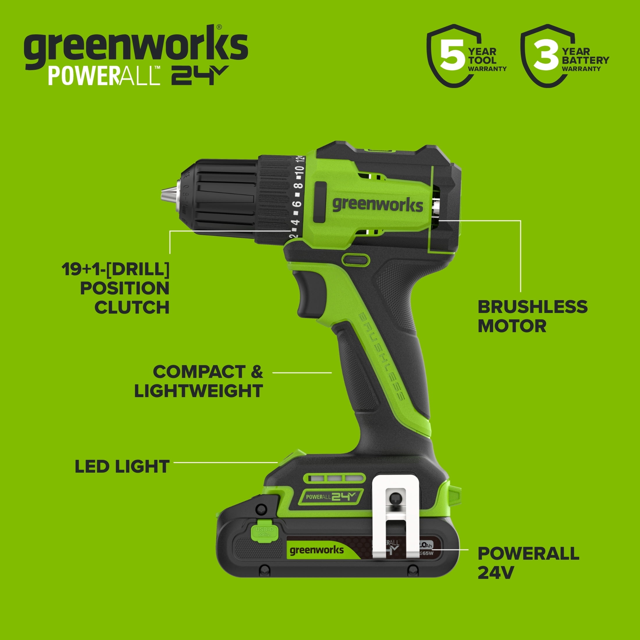 Greenworks PowerAll 24V Brushless 3/8 in Drill Driver with 2Ah USB-C Battery (280 in-lb, Compact) ma8v5