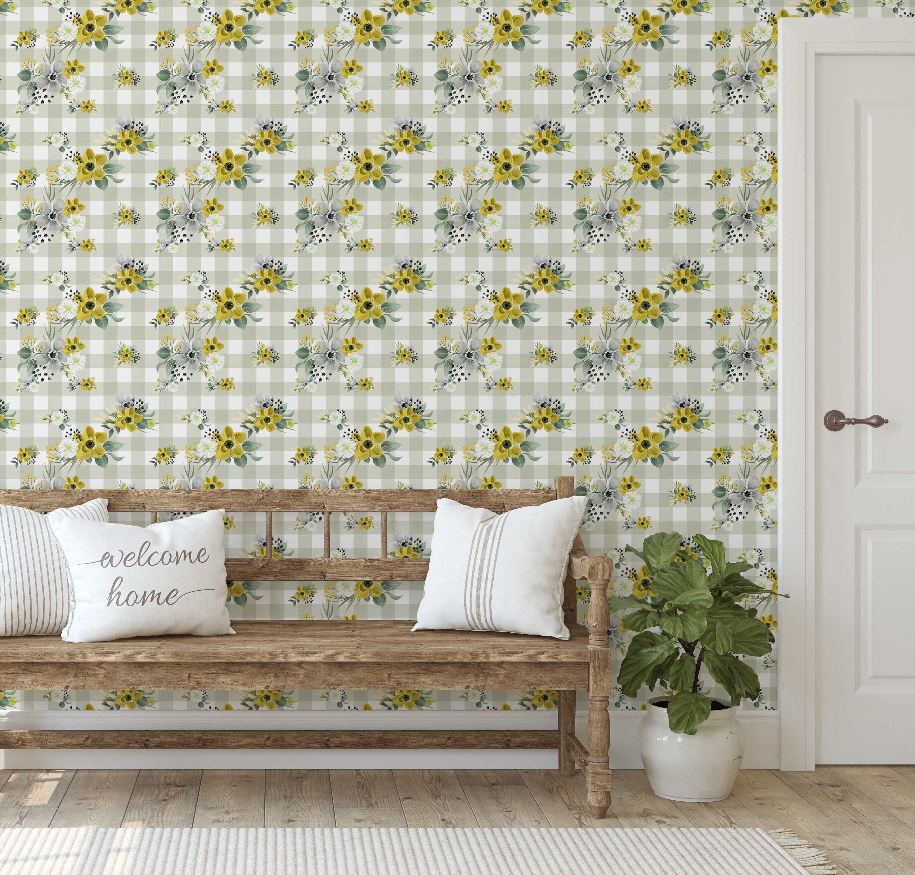 S4Sassy Floral Plaid Wallpaper Self-Adhesive Vinyl Wall Covering (Yellow, 25 in x 120 in) ysau0