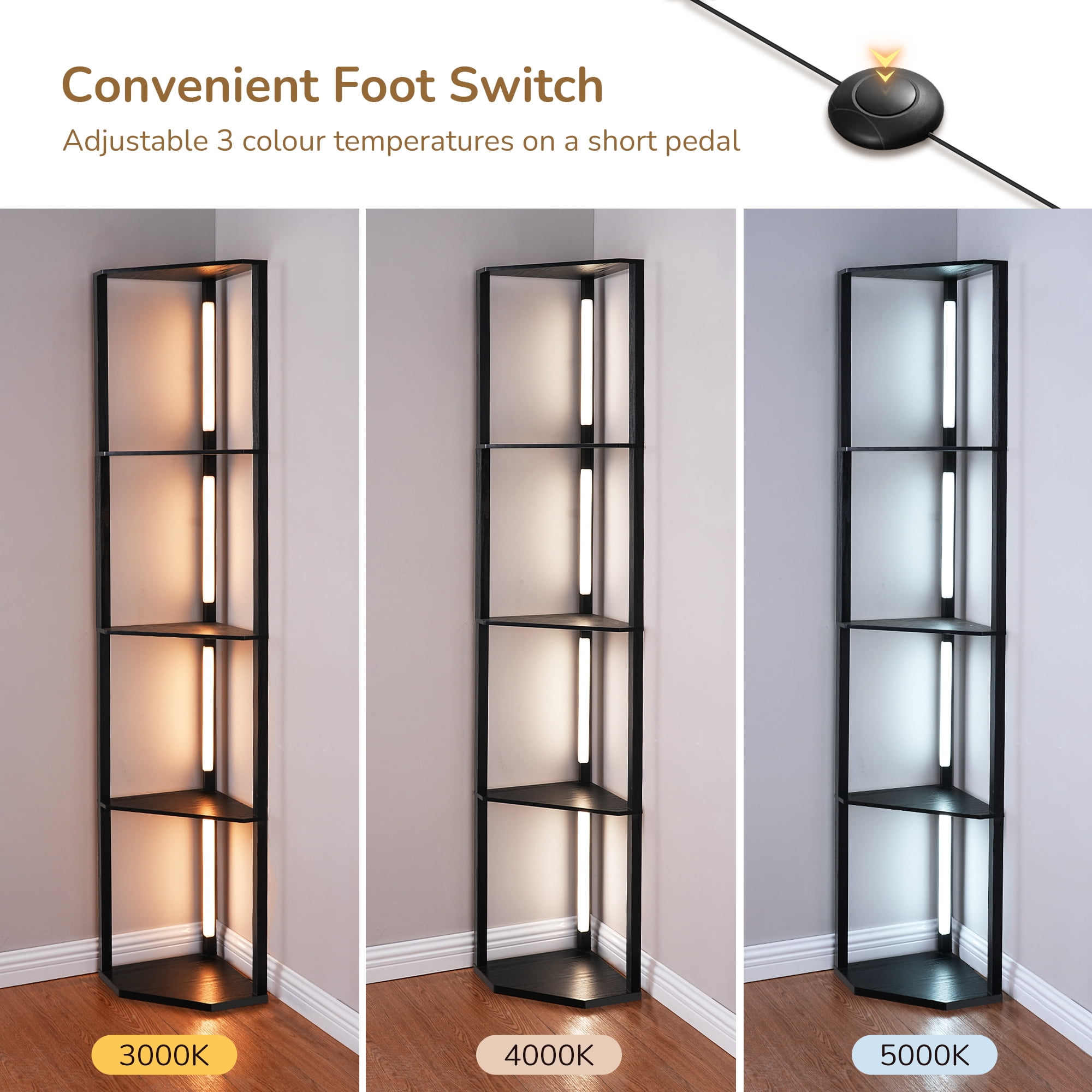 EDISHINE LED Shelf Floor Lamp, Modern Corner Standing Light with 4-Tier Storage Shelves, 3-Color Temperature & Dimmable (Black, 64.2 in) fwj29