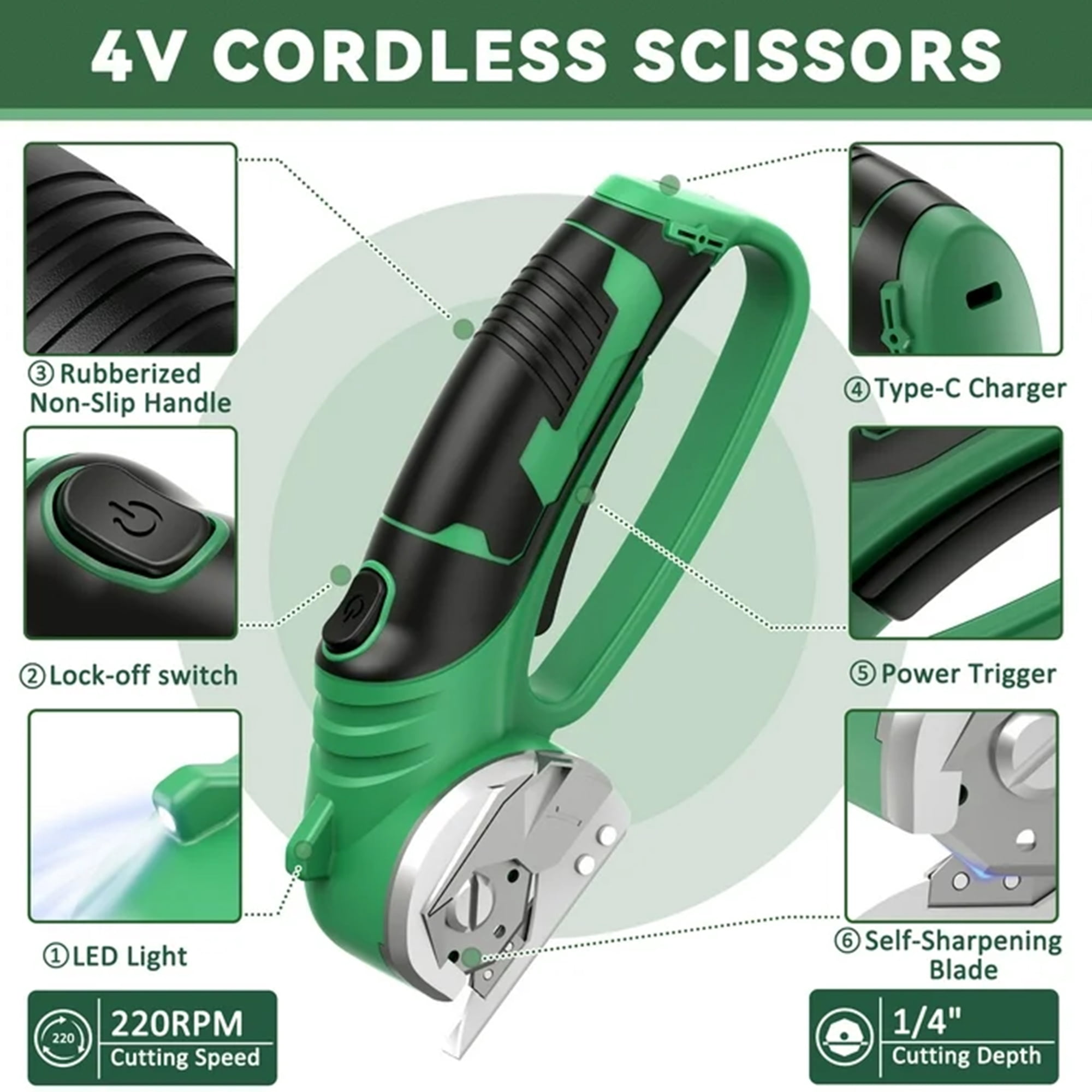 Jellas 4V Cordless Electric Scissors for Cardboard and Fabric (Green, 0.91 lb) krgsf