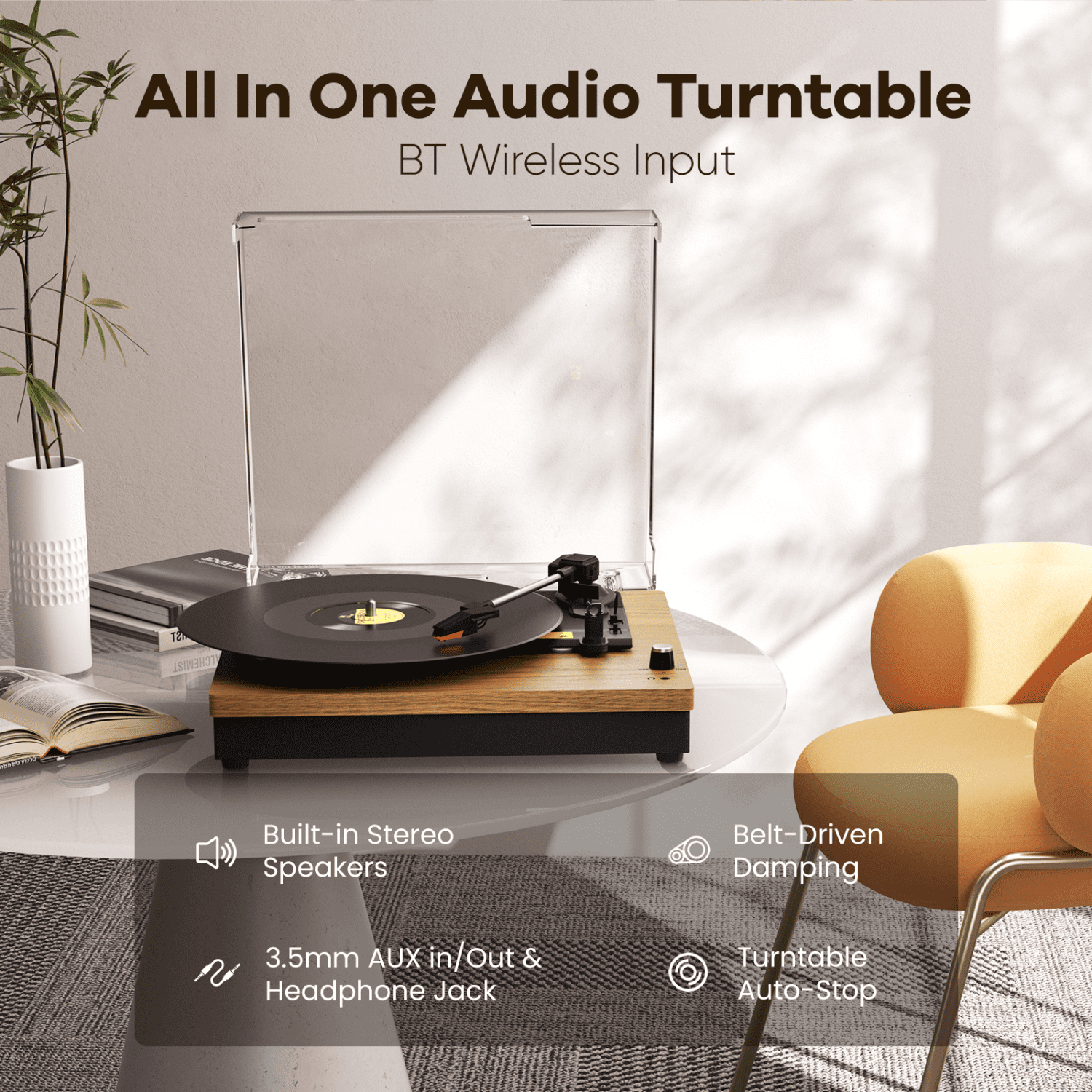 MAIO E200 Vintage Record Player, 3-Speed Belt-Driven Turntable with Built-in Stereo Speakers, Bluetooth Connectivity (Wood, 13.8 in x 10.2 in x 4.7 in) 5o7wg