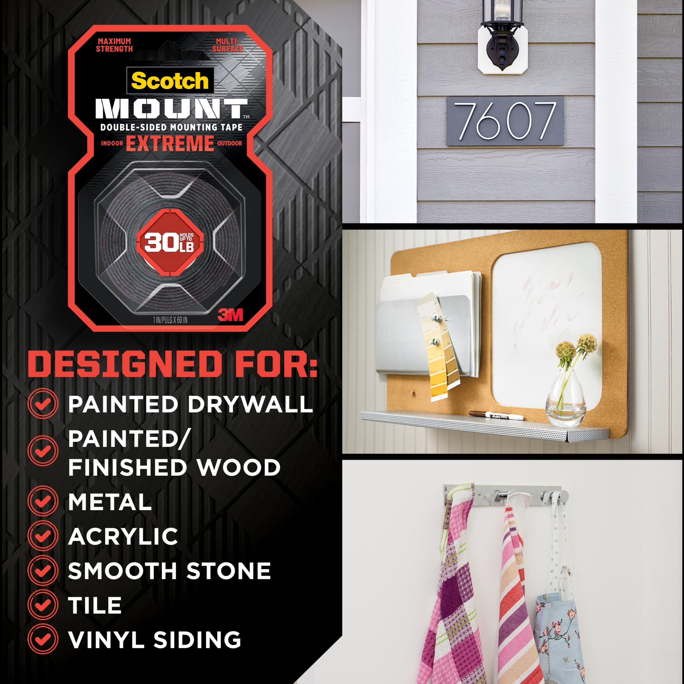 Scotch Extreme Double-Sided Mounting Tape, Heavy-Duty Industrial Adhesive for Indoor and Outdoor Use (Black, 1 in x 60 in, 3 Pack) pmu2a