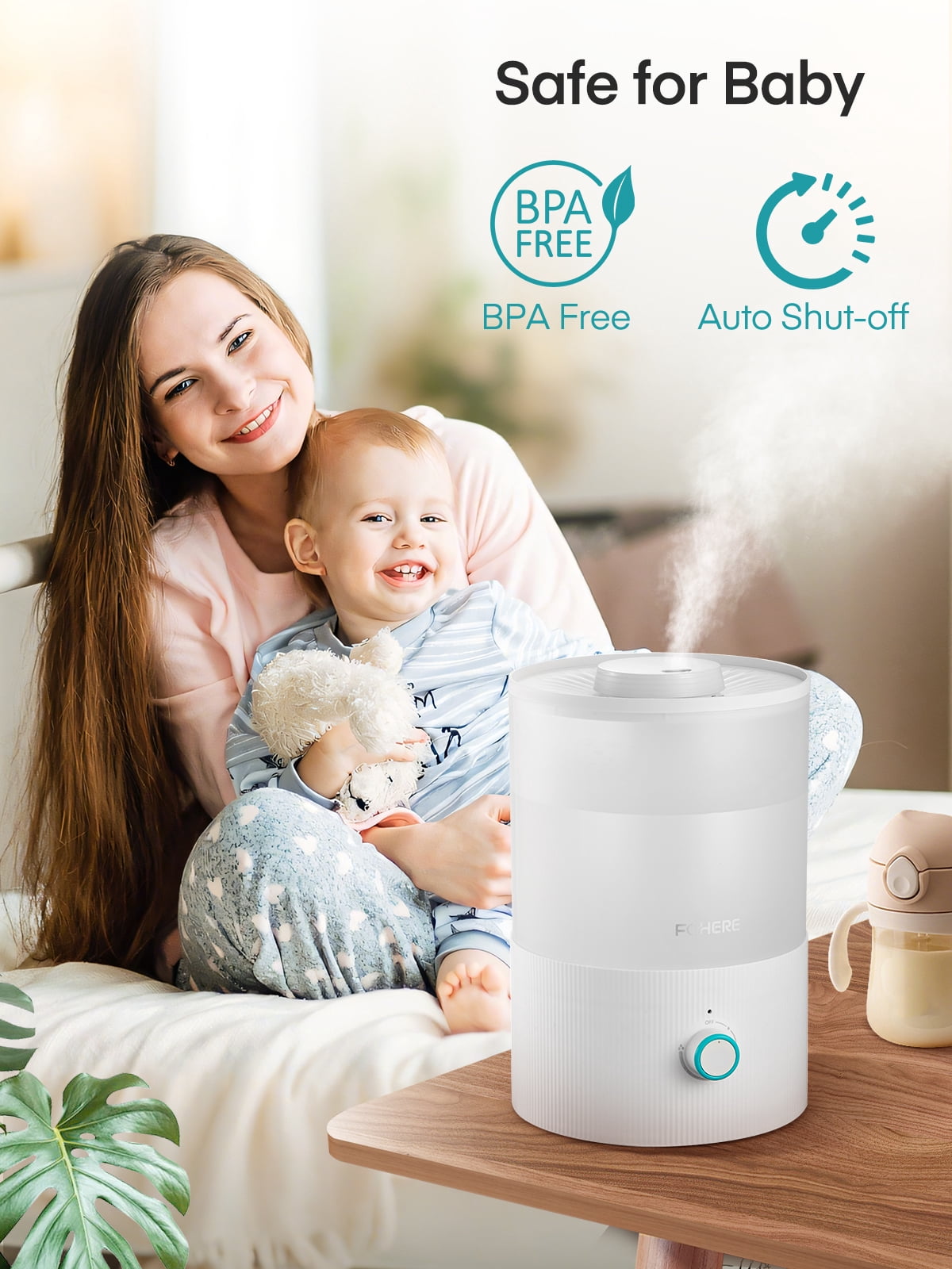 FOHERE Ultrasonic Cool Mist Humidifier for Bedroom and Nursery, Top Fill Essential Oil Diffuser with 7-Color Night Light (White, 0.85 gal) 0tdmr