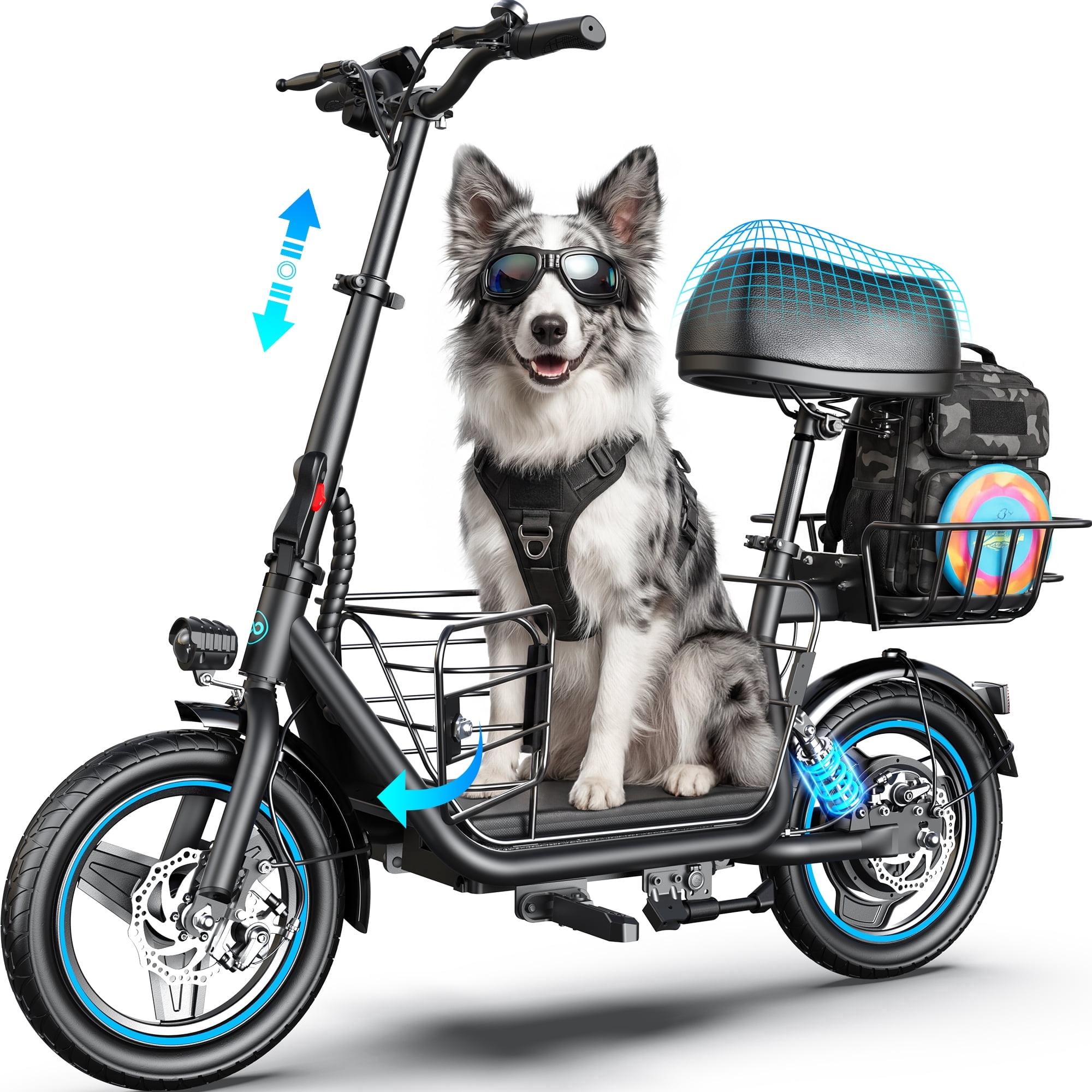 MIHOVER Electric Scooter for Adults and Pets with Seat and Pet Basket (Black, 300 lb) k6a9e