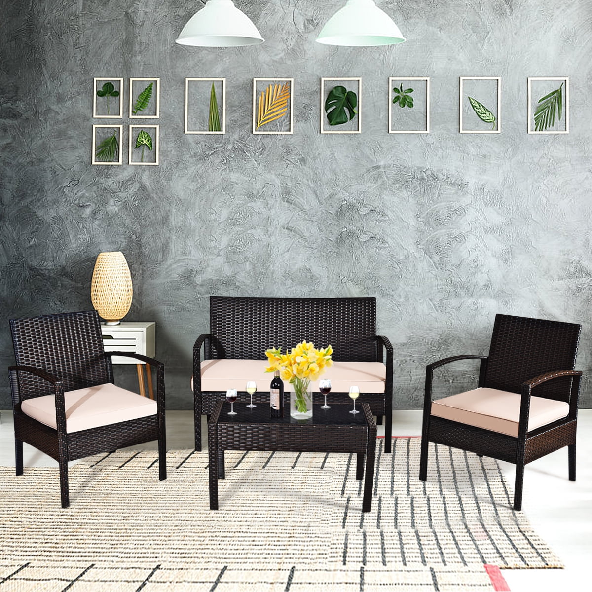 Costway 4-Piece Patio Rattan Conversation Furniture Set with Cushions and Glass Table (Brown, 4-Piece Set) y3b9y
