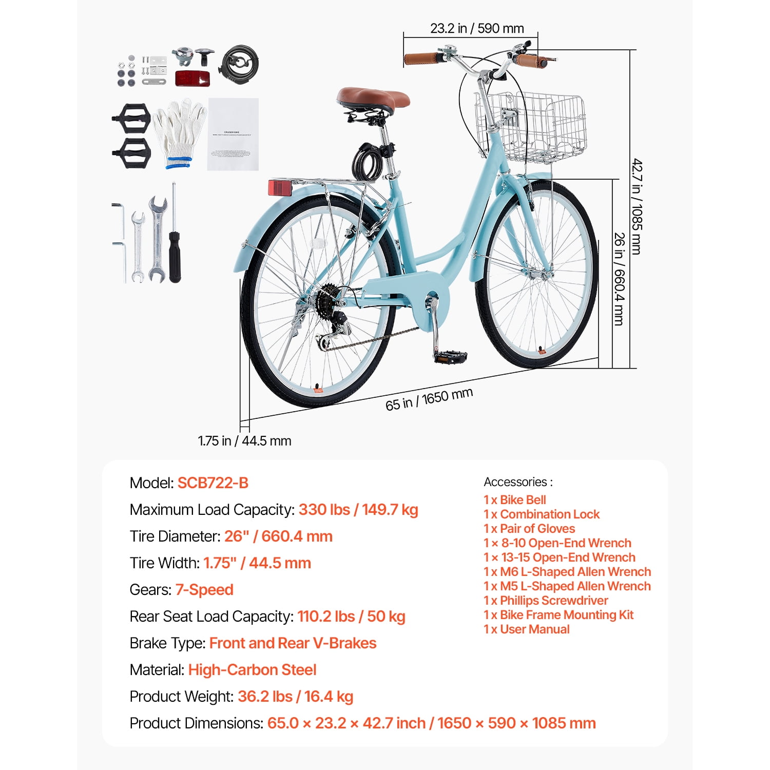 KFFKFF 26 in Cruiser Bike, 7-Speed Coastal Bicycle with Basket and Rear Rack (Pale Blue, 26 in) pbm3a