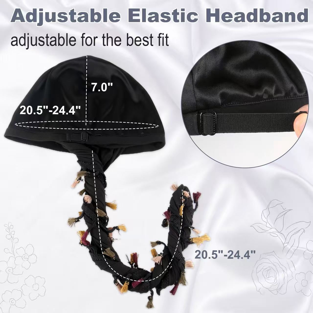 Ababalaya Adjustable Satin Lined Halo Turban Head Wrap with Tassel Tie (Black, 21.2-24.4 in) 5qf6m