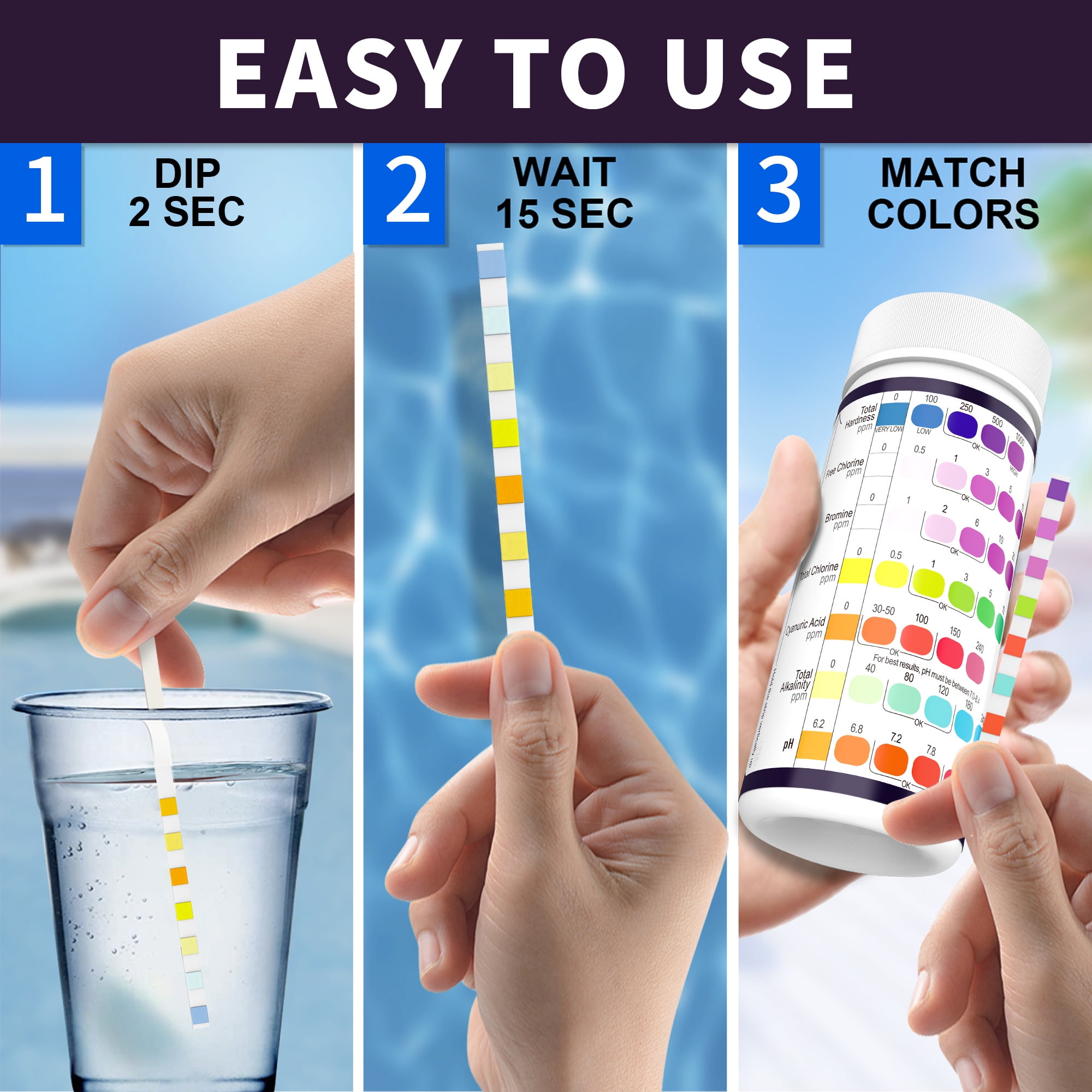 EASYTEST 9-Way Pool Test Strips for Swimming Pool, Hot Tub, and Spa Water Quality Monitoring (165 Strips) wujwm