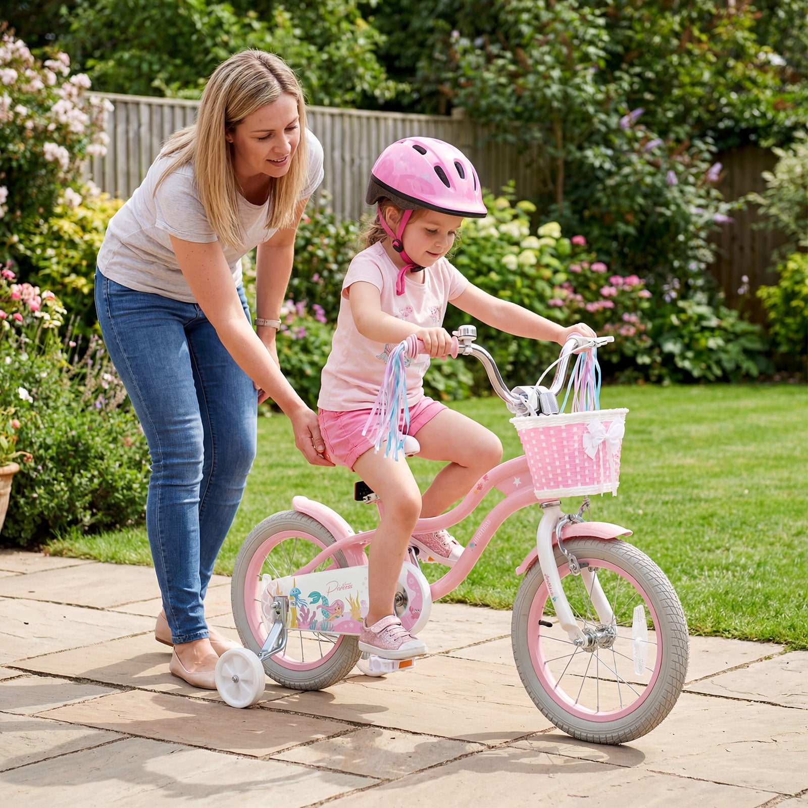 Costway 14 in Kids Bike with Training Wheels and Basket (Pink, 14 in) 78kbm