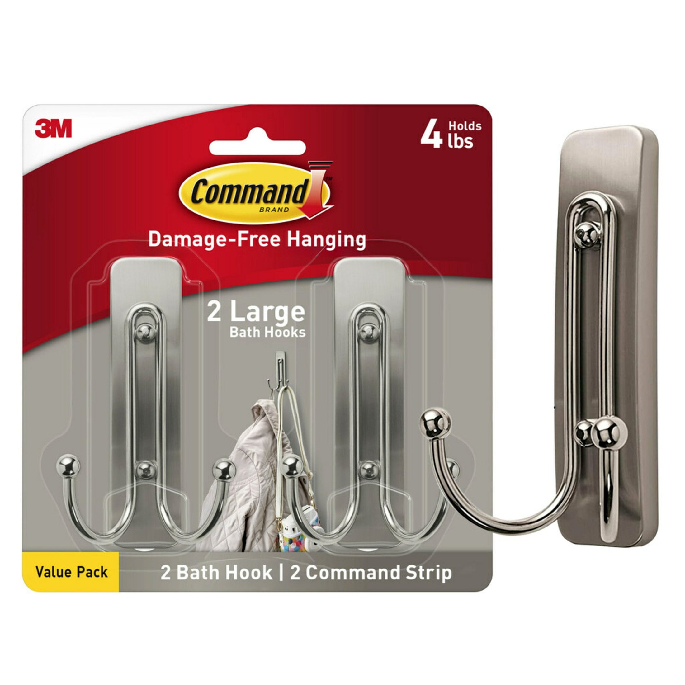Command Large Double Wall Hooks, Damage-Free Adhesive Hanging, Brushed Nickel (3 Pack, 2 Hooks Per Pack) qhh0r
