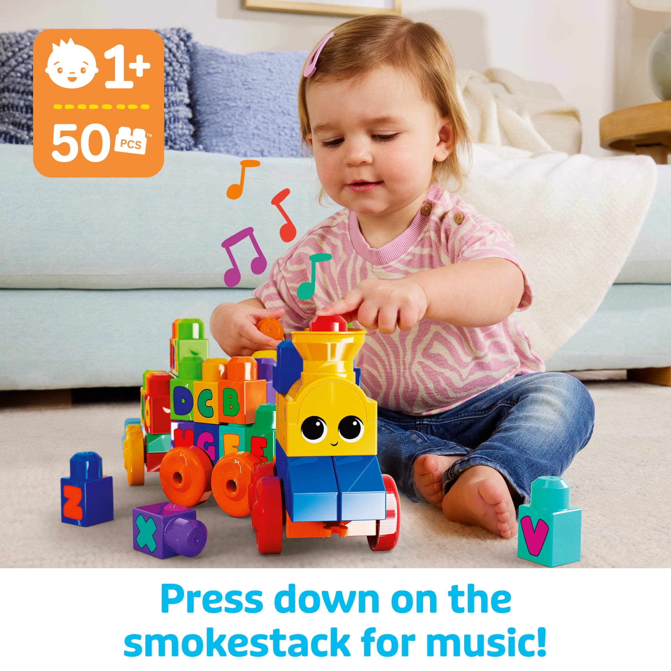 Mega Bloks ABC Musical Train Building Set with Sounds and Music (50 Pieces) 8rkte