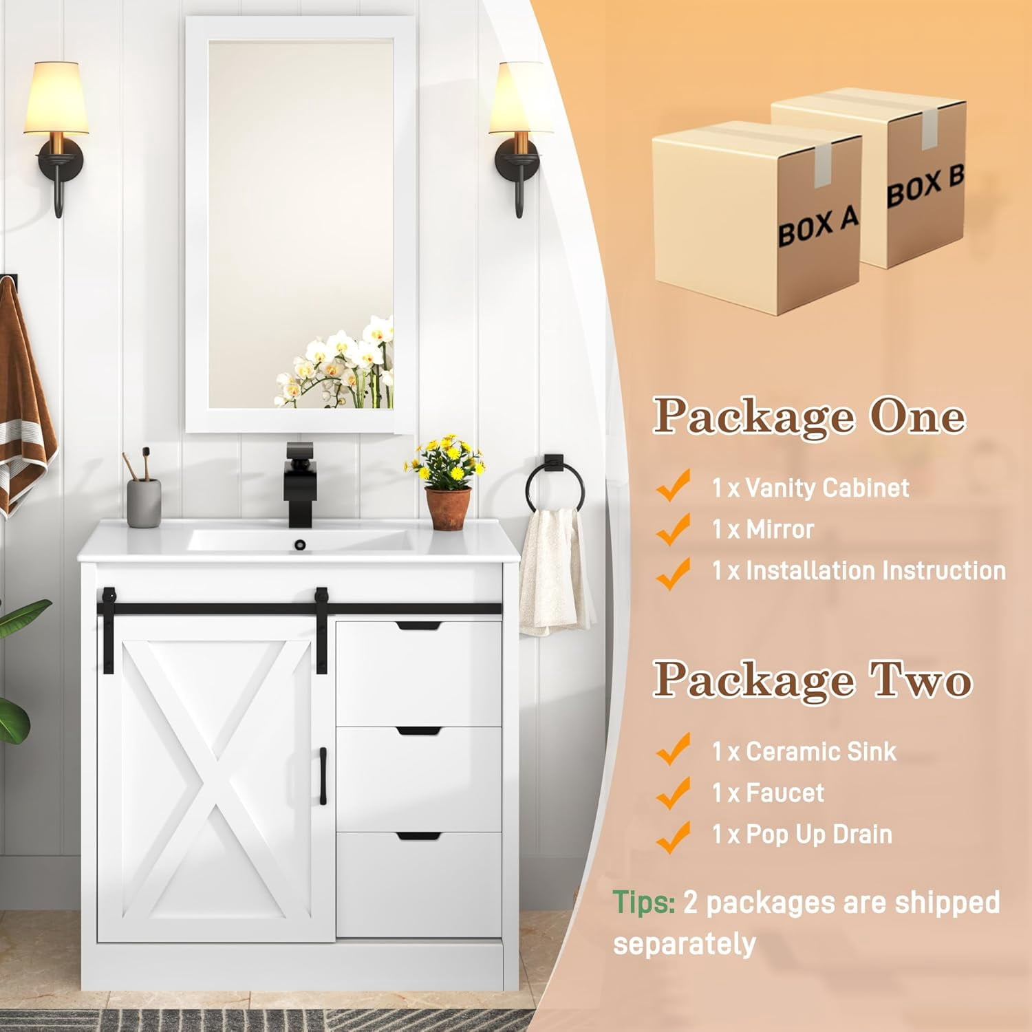 Blotout 36 in Farmhouse Bathroom Vanity Set with Sink, Faucet, and Mirror (White, 36 in) 2eh9x