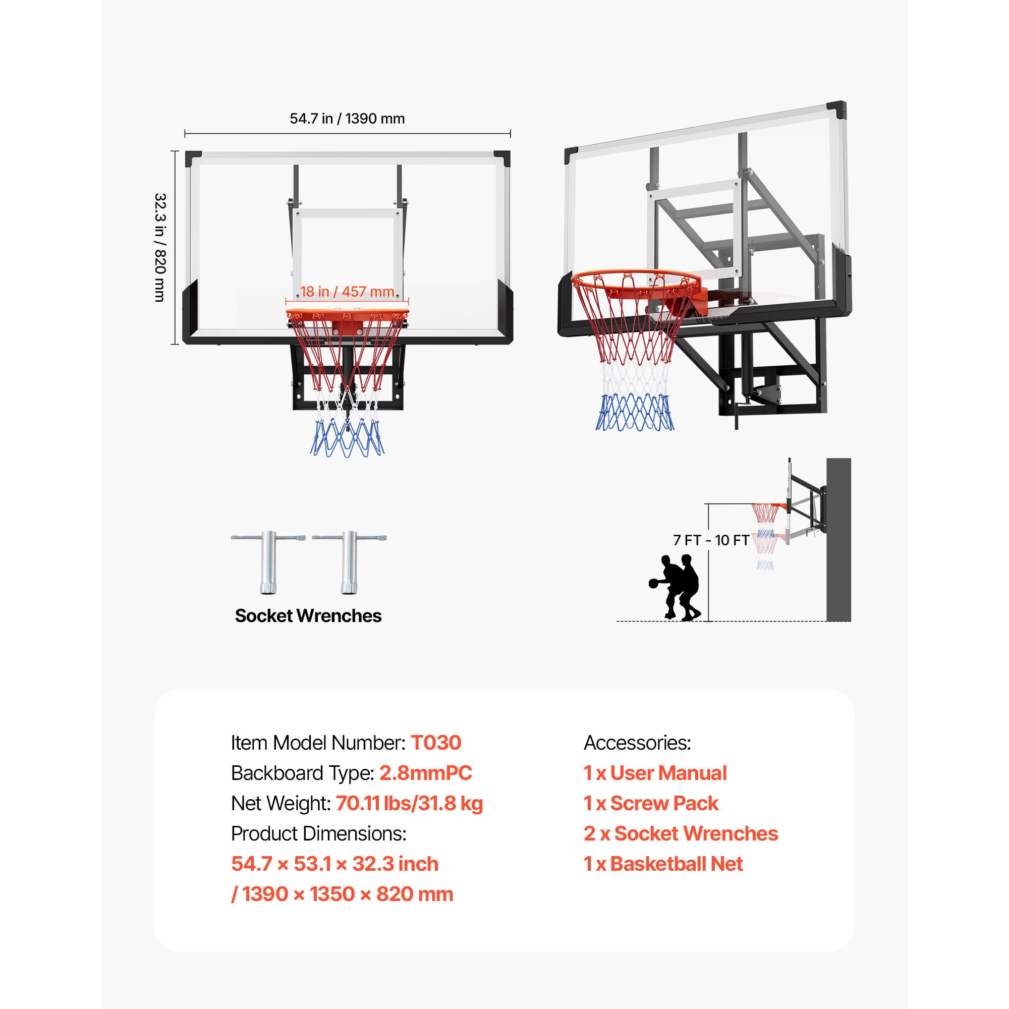 KFFKFF Wall-Mounted Basketball Hoop, 54-inch Polycarbonate Backboard with Hand-Crank Height Adjustment (Black, 54 in) 7t0oe