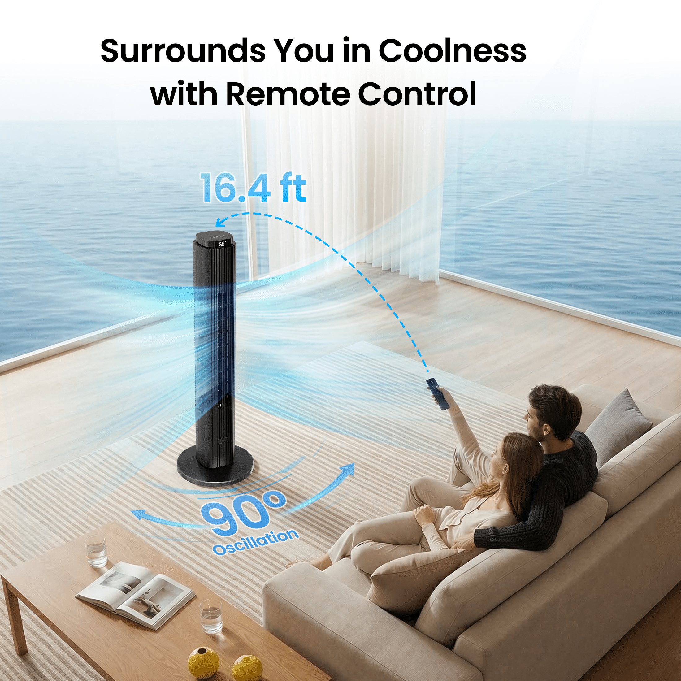 KissAir 37 in Tower Fan with Remote, 6 Speeds, 90 Degree Oscillation, Quiet Bladeless Cooling for Home and Office (Black, 37 in) 28axd