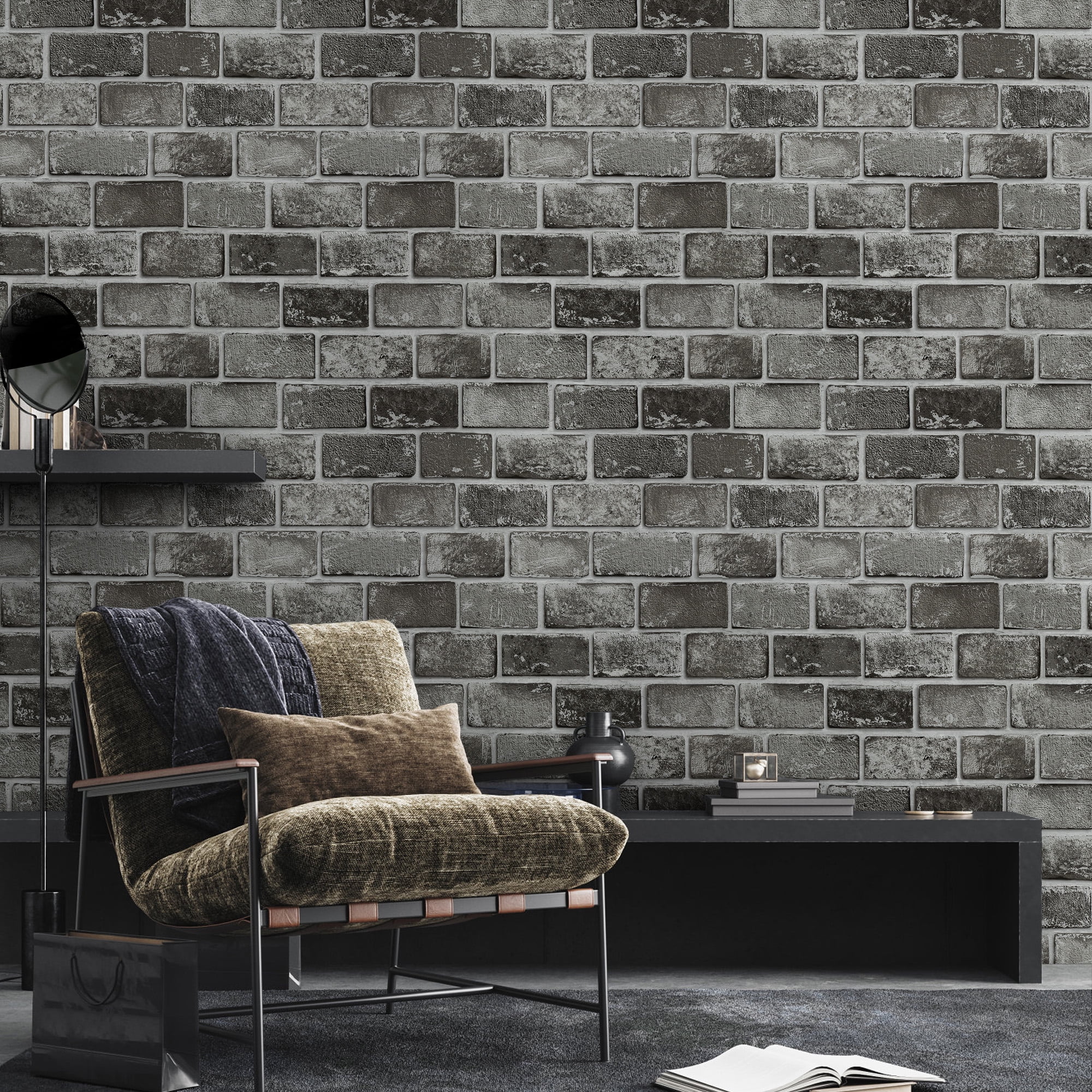 Abyssaly Peel and Stick Wallpaper, Realistic Silver-Foiled Brick Pattern, Removable Self-Adhesive Vinyl for Home Decor (Dark Gray, 17.3 in x 118 in) lv31k