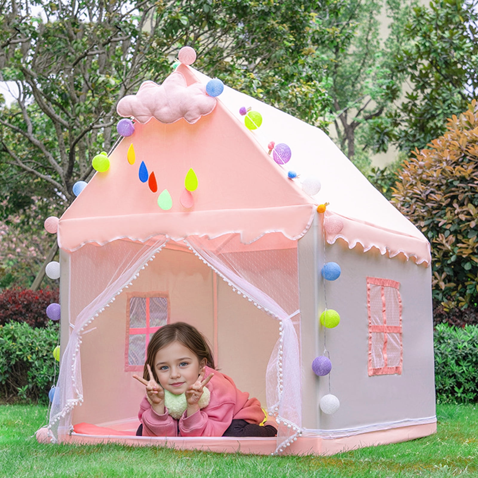 KEYAHAPPY Princess Playhouse Castle Kids Tent with Lights and Mesh Windows (Pink, 47.2 in L x 39.4 in W x 51.2 in H) 5blle