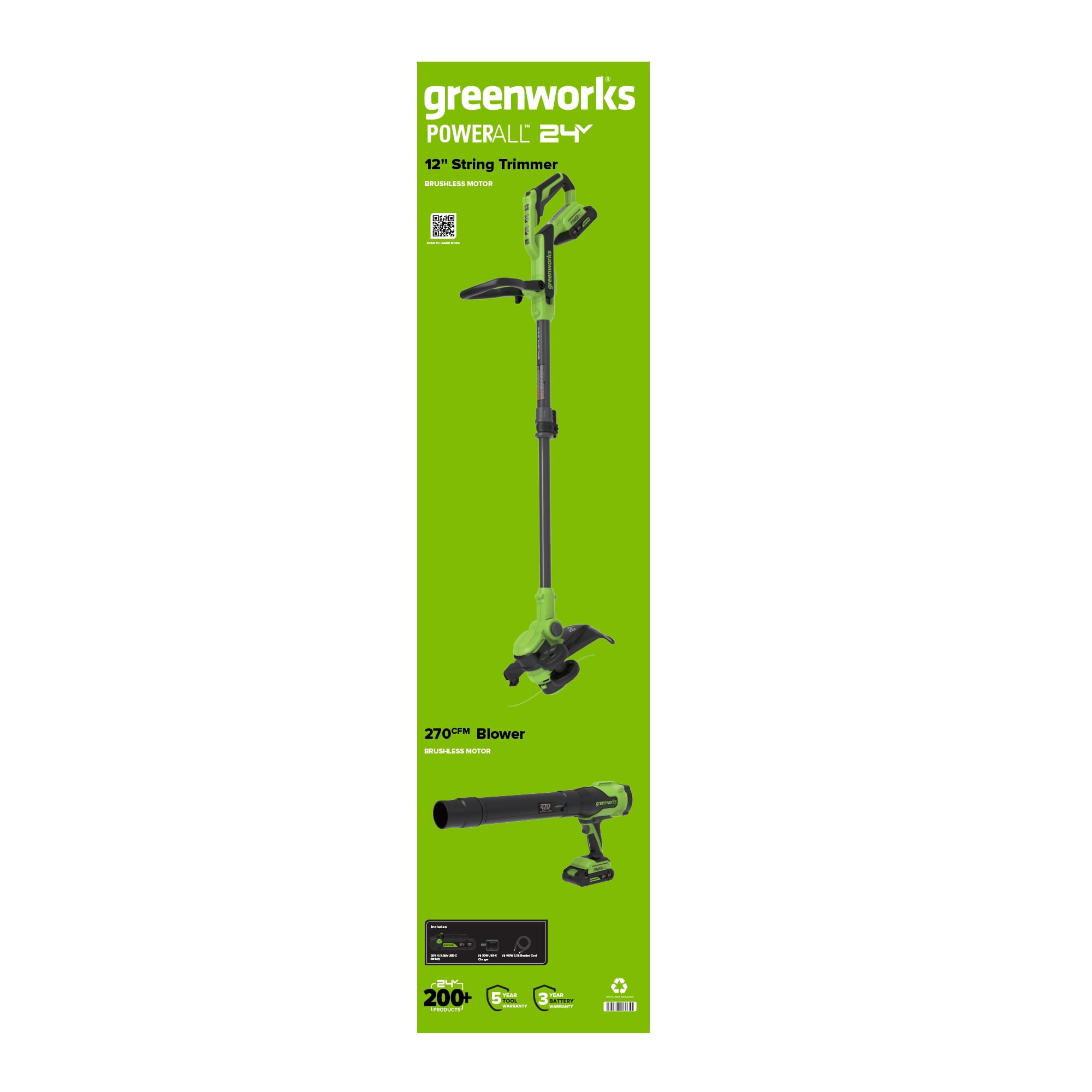 Greenworks PowerAll 24V 12 in String Trimmer and 270 CFM Handheld Blower Combo Kit (Green, 1 Battery) 87ehc