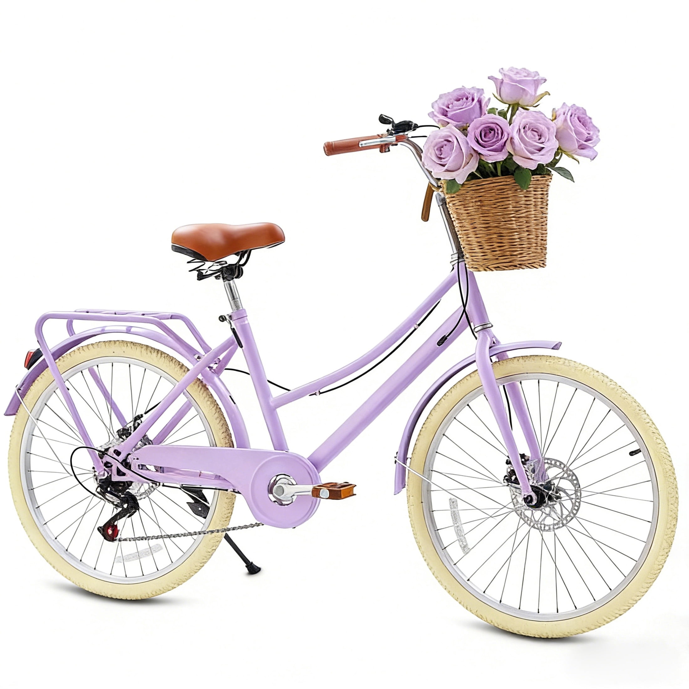 Akaber Kids Retro Cruiser Bike, 7-Speed Girls Bicycle with Rattan Basket and Dual Disc Brakes (20 in) 7glbr