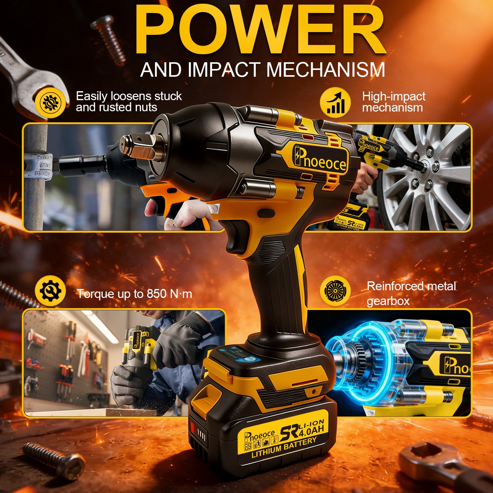 Pnoeoce Brushless Cordless Impact Wrench 20V High Torque 1/2 Inch Drive Power Tool Kit (Yellow, 2 Batteries and 4 Sockets) hq2x8