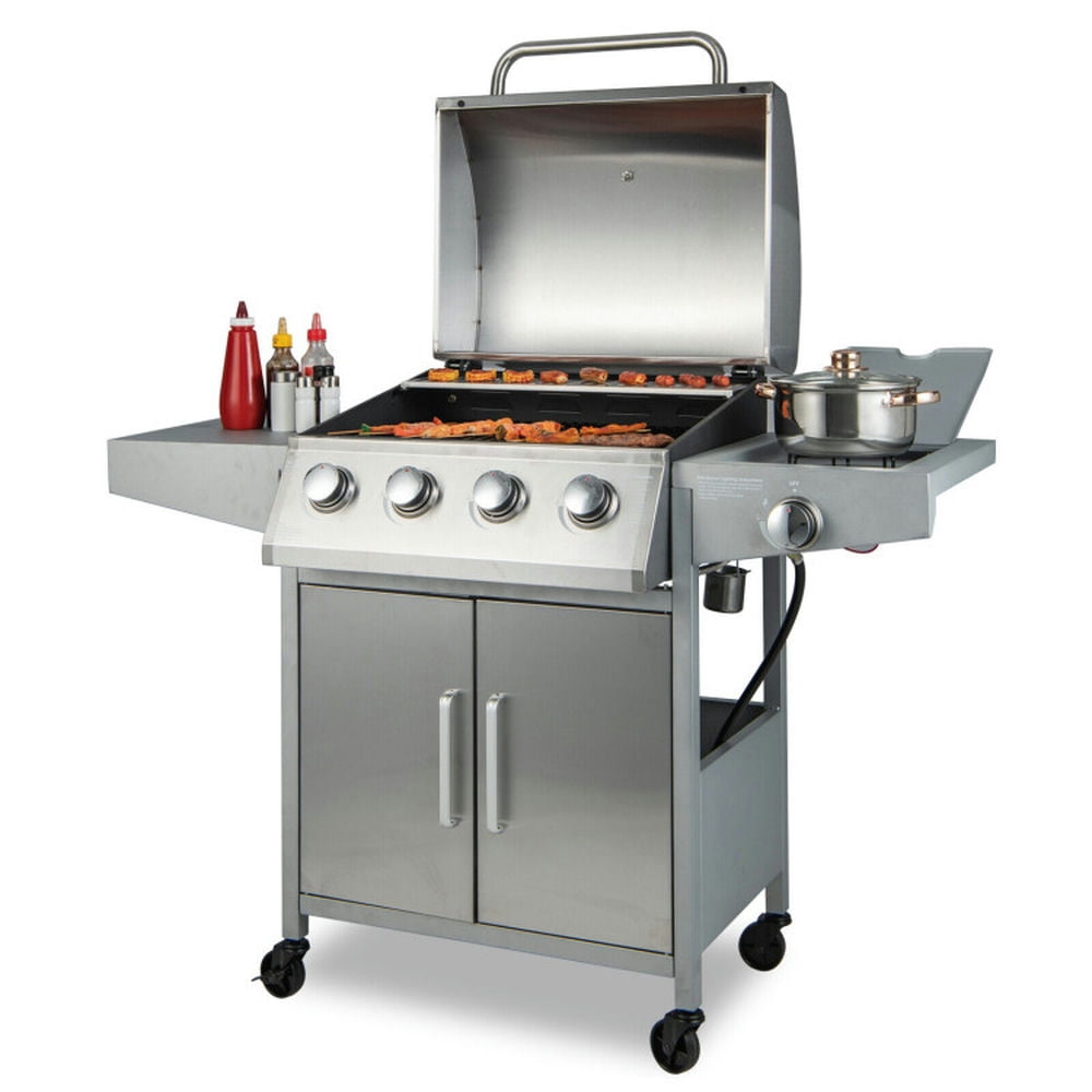 Aimee Lii 5-Burner Propane Gas Grill with Side Burner and Prep Tables (Silver, 516 sq in) 3b6cr