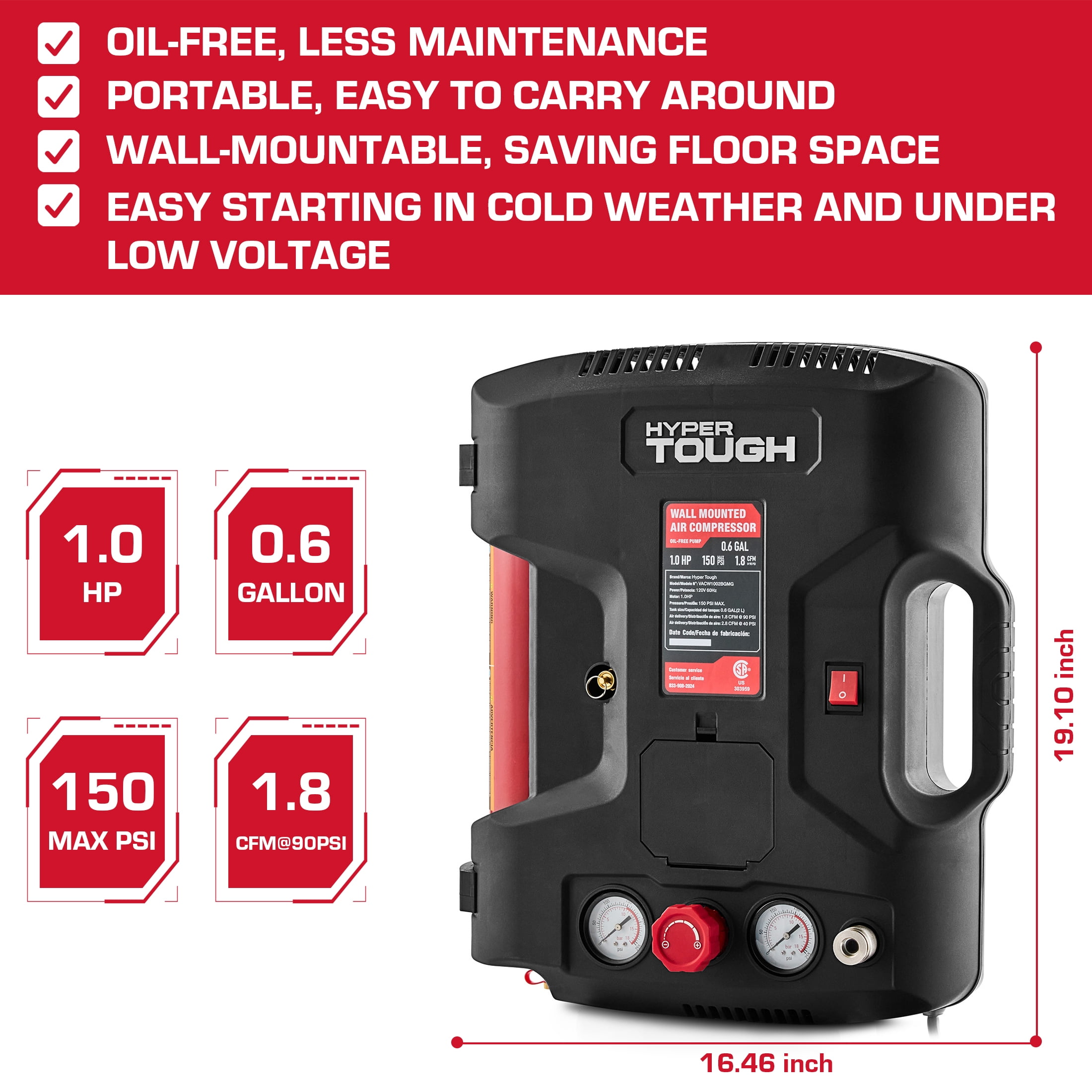 Hyper Tough Oil-Free Wall-Mount Air Compressor (Black, 0.6 Gallon) qqjj3 - Image 5