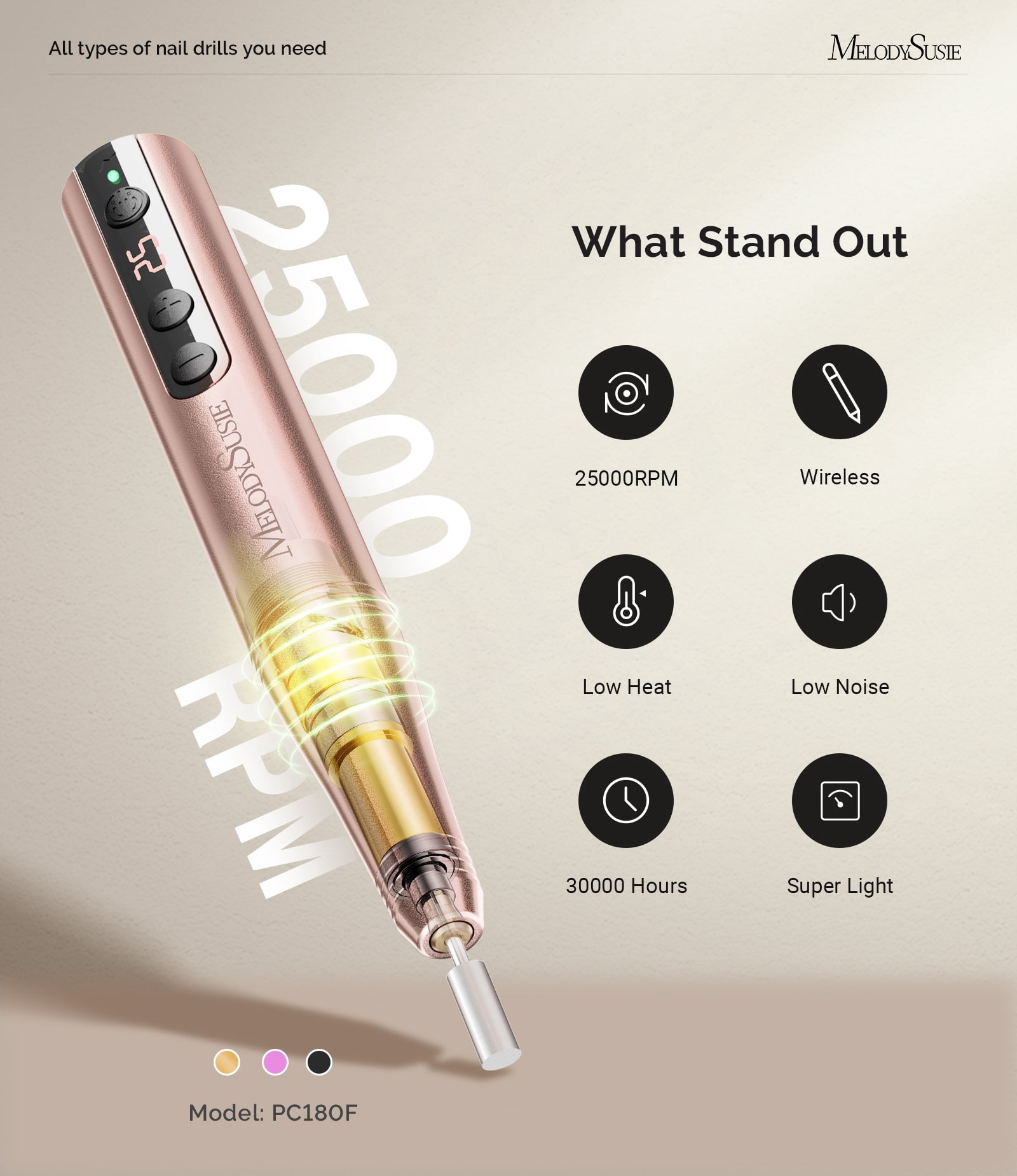 MelodySusie Portable Cordless Electric Nail Drill, Professional Rechargeable E-File for Acrylic and Gel Nails (Gold, 0.15 lb) pjqx7