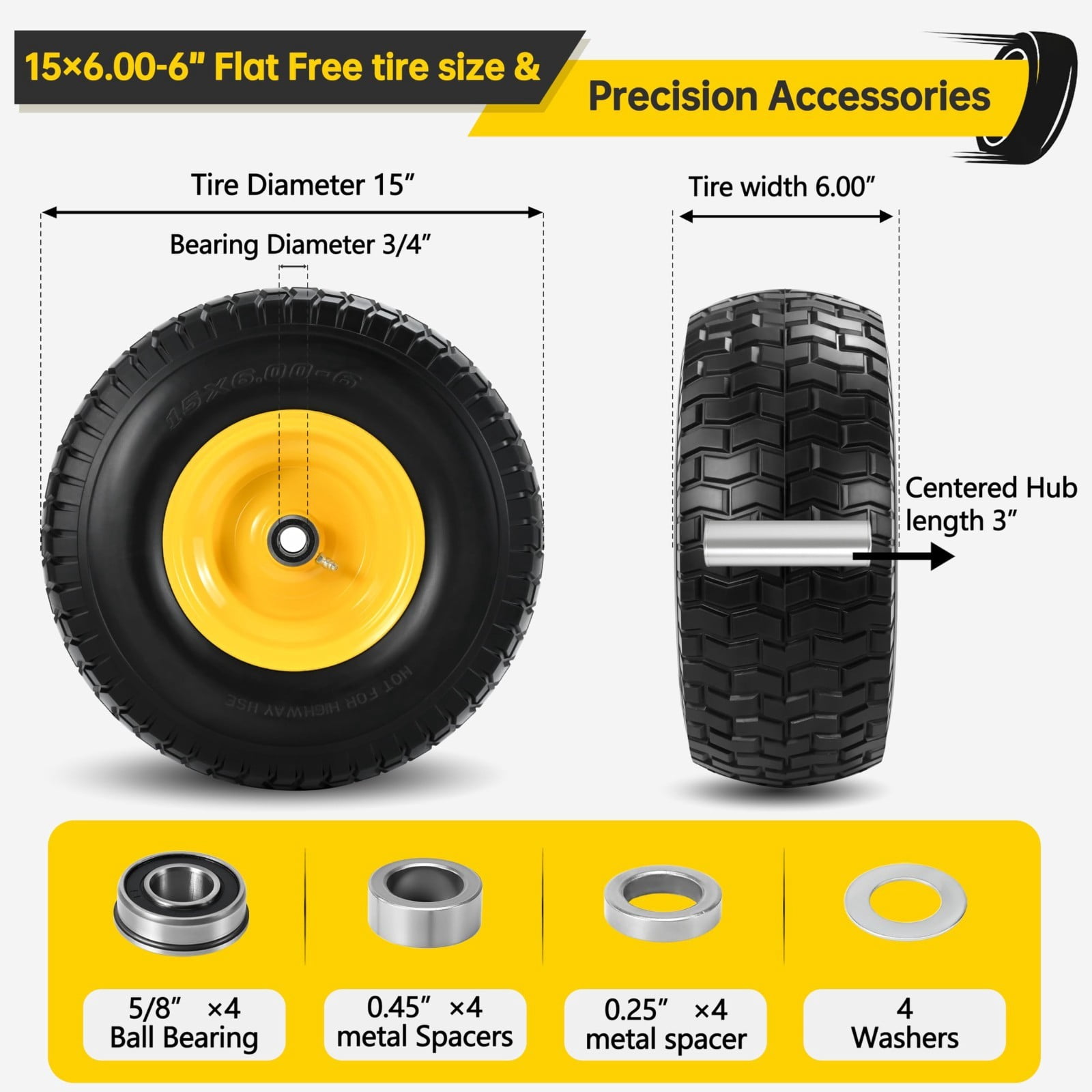 LOTMOVE 15x6.00-6 Flat-Free Lawn Mower Tire and Wheel Assembly (2 Pack, 500 lb Capacity, 3/4 in Bearing) 3uoew
