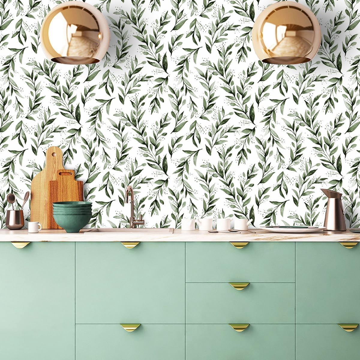 Genreen Green Leaf Peel and Stick Wallpaper, Self-Adhesive Removable Vinyl Contact Paper for Furniture and Walls (Green, 17.7 in x 118.1 in) i7pz9