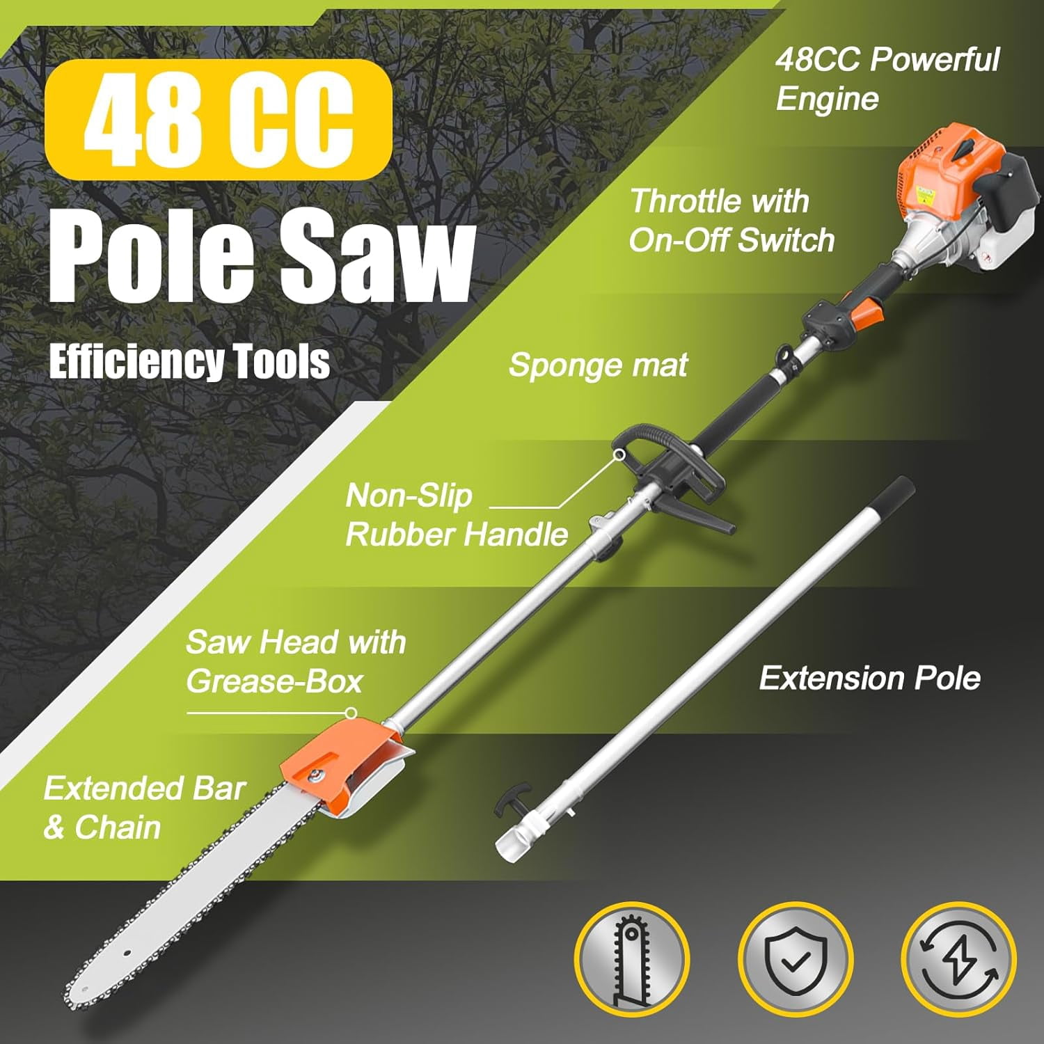 Yotree 48cc 2-Cycle Gas Powered Pole Saw, Telescoping Extension Chainsaw for Tree Trimming (Orange, 16 ft Reach) 37ywa