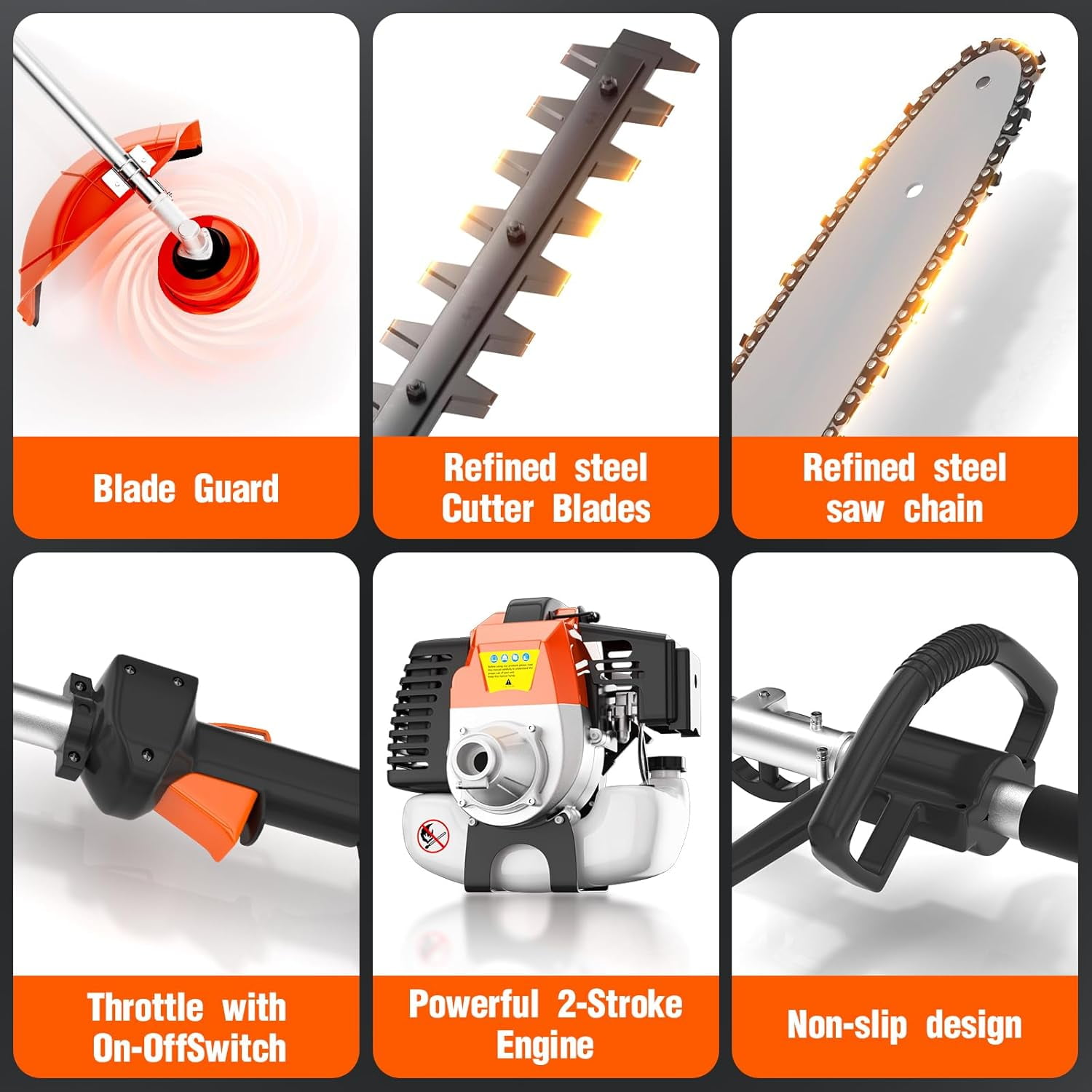 Baotree 52cc 2-Stroke 6-in-1 Gas Powered Multi-Tool Trimmer and Edger (Orange, 39.4 in Extension Pole) potq7