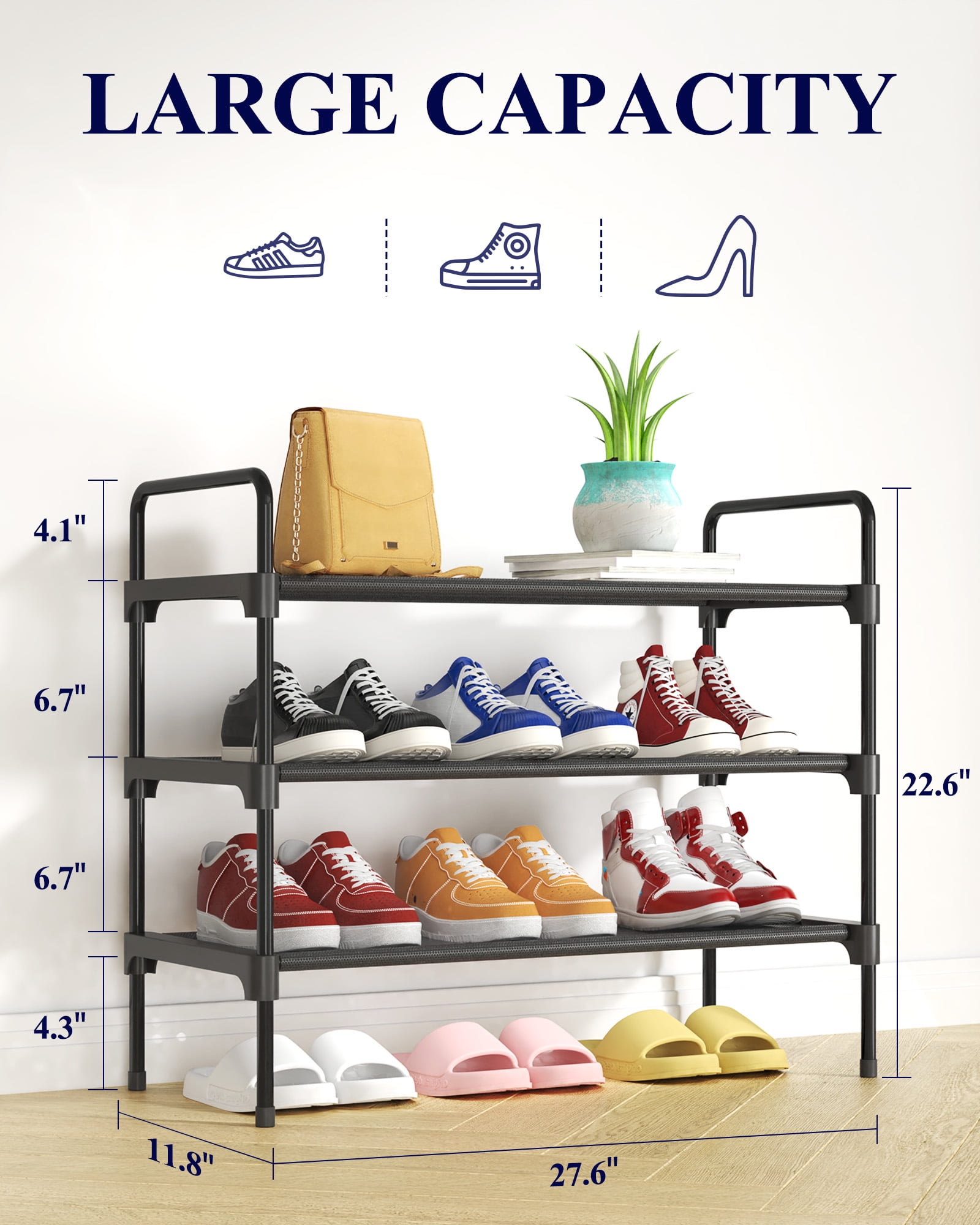 Kitsure 3-Tier Shoe Rack for Closet, Sturdy Entryway Shoe Organizer (Black, 27.6 in x 11.8 in x 22.6 in) i7yqp