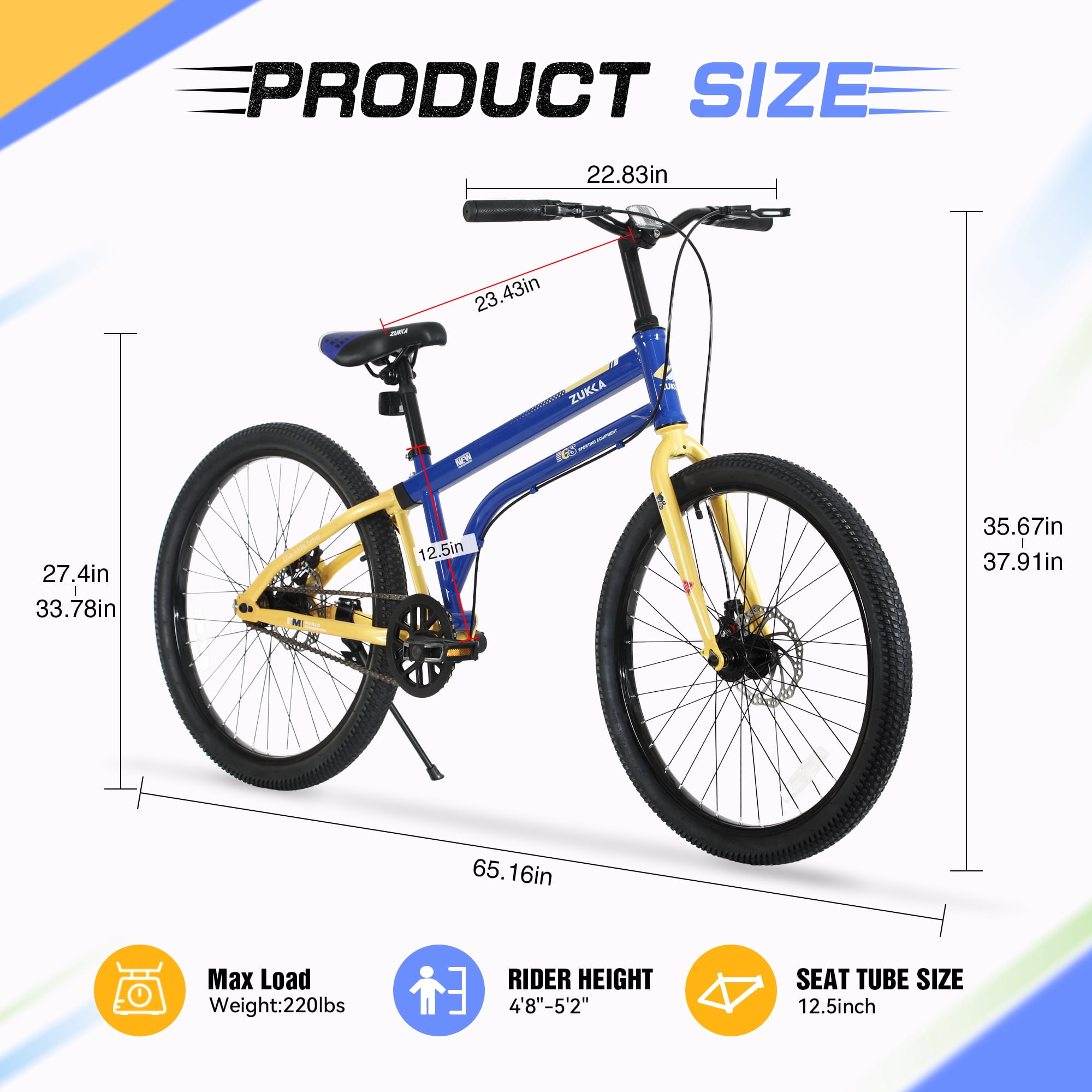 Ambifirner 24-Inch Kids Mountain Bike, Durable Steel Frame with Dual Disc Brakes (Blue/Yellow, 220 lb Capacity) hdmq7