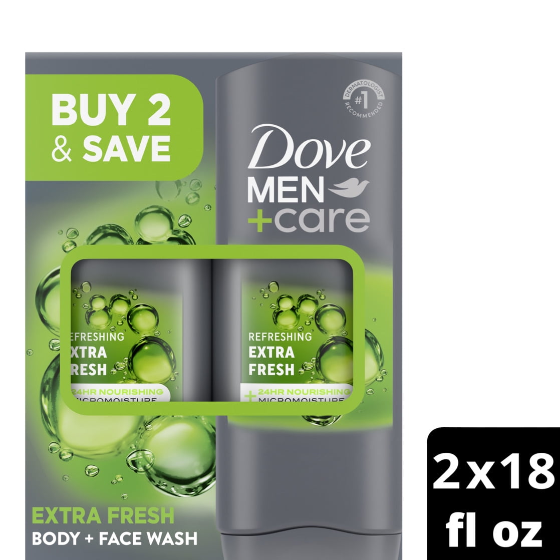 Dove Men+Care Extra Fresh Body Wash for Men's Skin Care (18 oz, 2 Count) qphxn