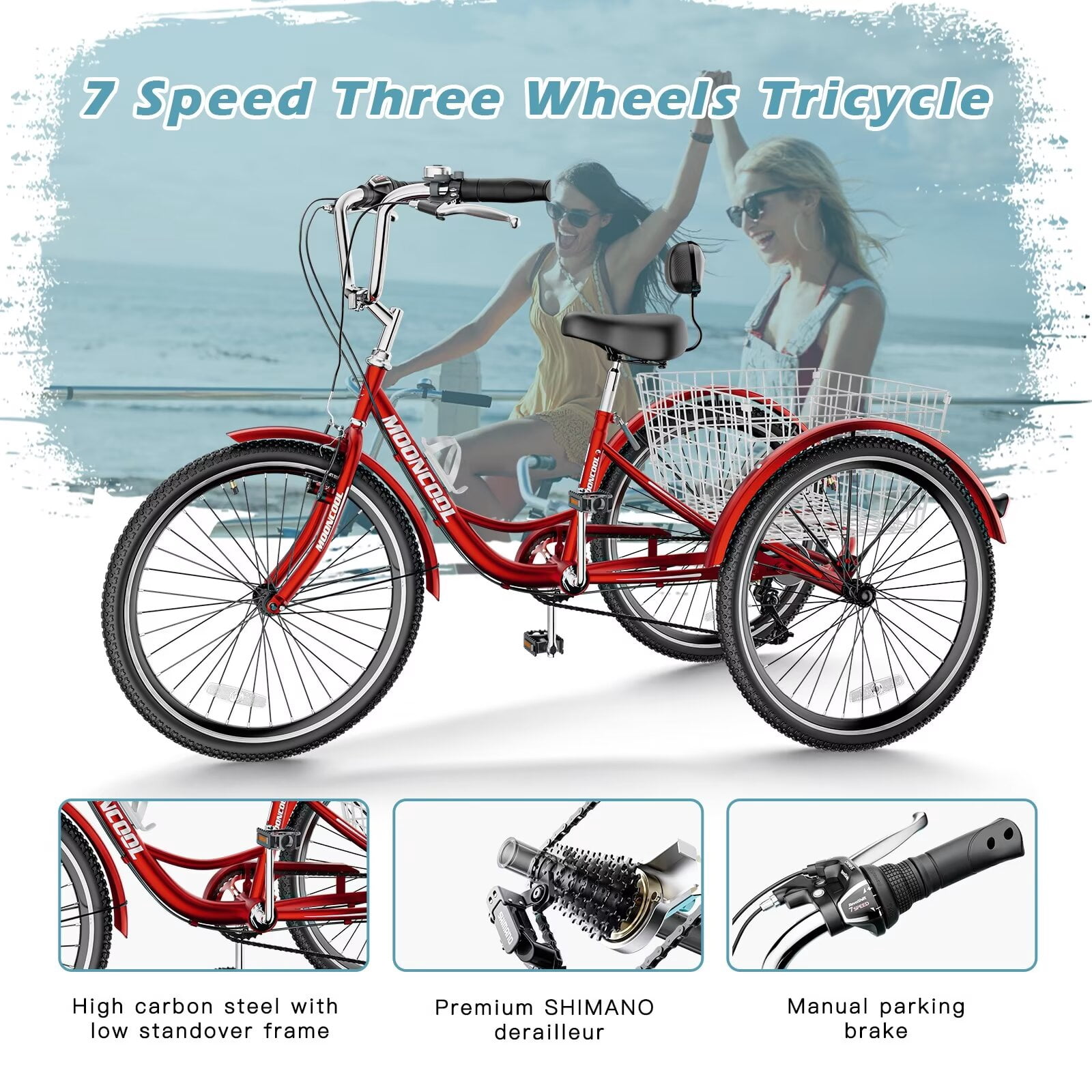 MOPHOTO 7-Speed Adult Tricycle, Low-Step Through Frame 3-Wheel Bike with Large Cargo Basket (Red, 26 in) f31w2
