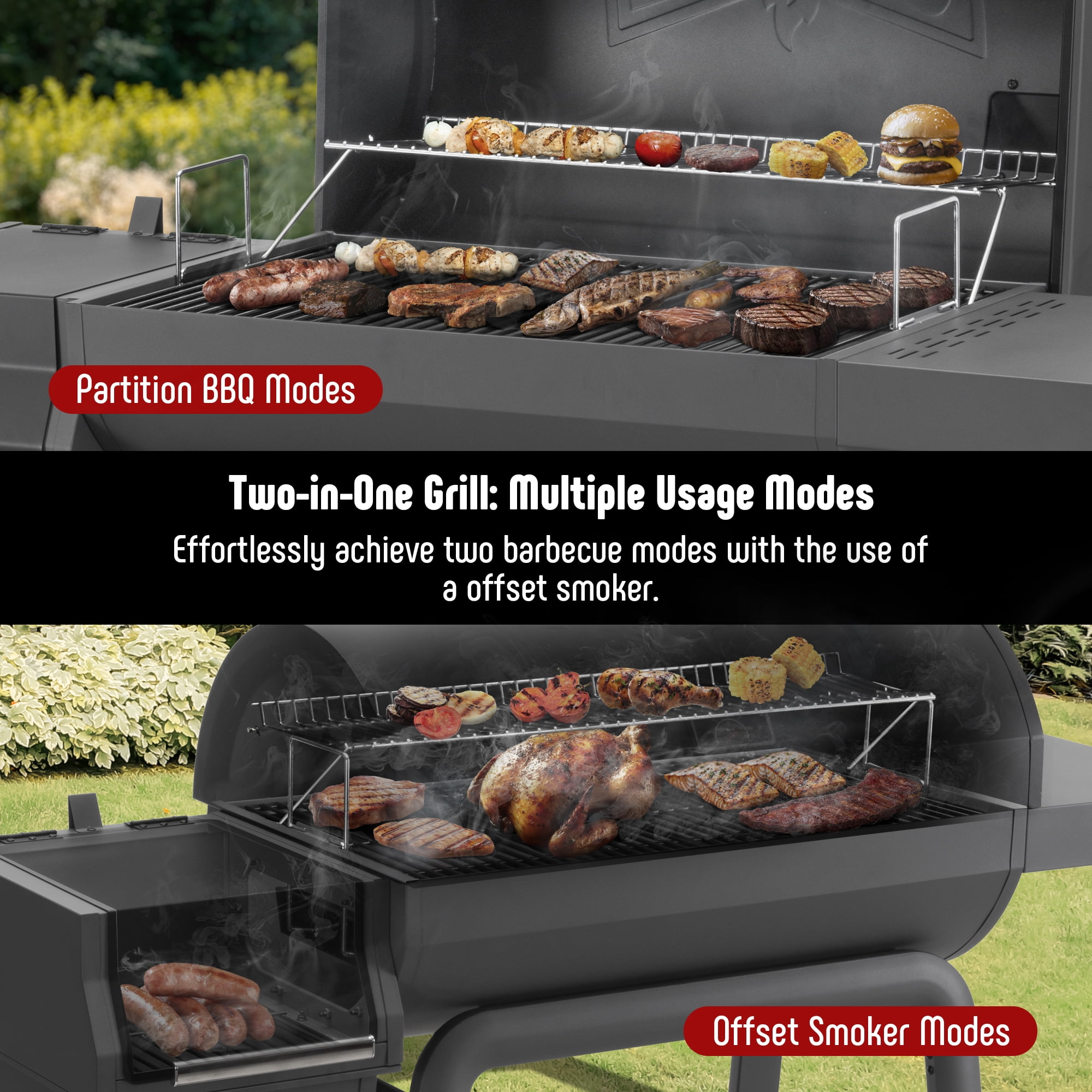 Feasto 30-Inch Charcoal Grill with Offset Smoker and Side Table (Black, 832 Sq. In. Cooking Space) q45gv