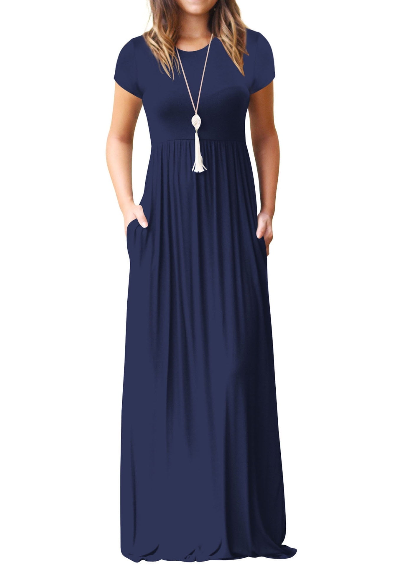 Mengpipi Women's Short Sleeve Maxi Dress Casual Loose Fit with Pockets (Navy Blue, M) 9y28z