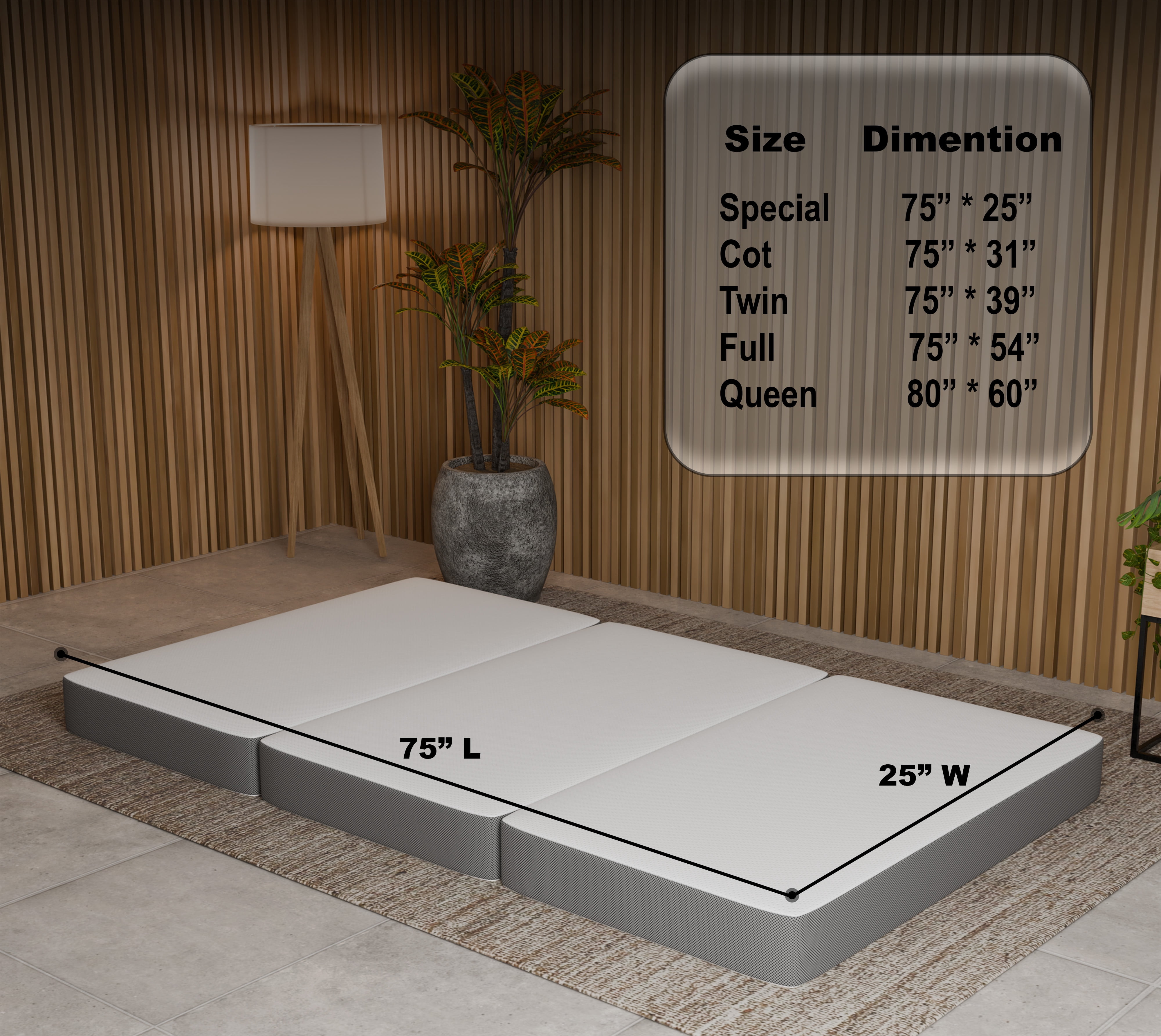 Continental Sleep Tri-Folding Gel Memory Foam Portable Floor Mattress (White, 75 in x 25 in x 3 in) 7zi0a
