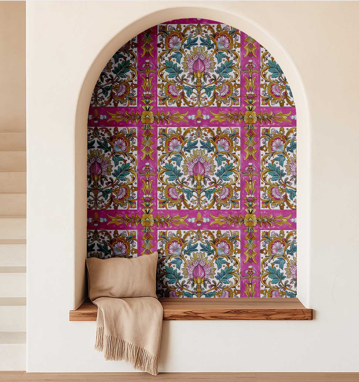 S4Sassy Peel and Stick Wallpaper, Arabesque Tile Pattern Removable Vinyl Wall Covering for Kitchen and Entryway (Pink, 25 in x 120 in) invk4
