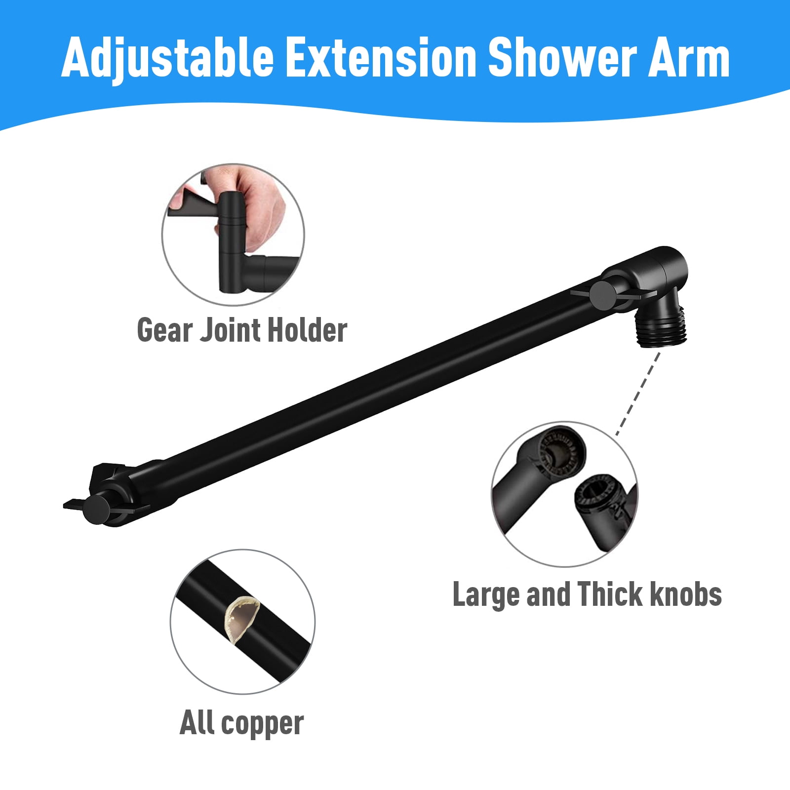 IUSU 12 in Rainfall Shower Head Combo, High Pressure Handheld Showerhead with Adjustable Extension Arm (Black, 12 in) 2wisl