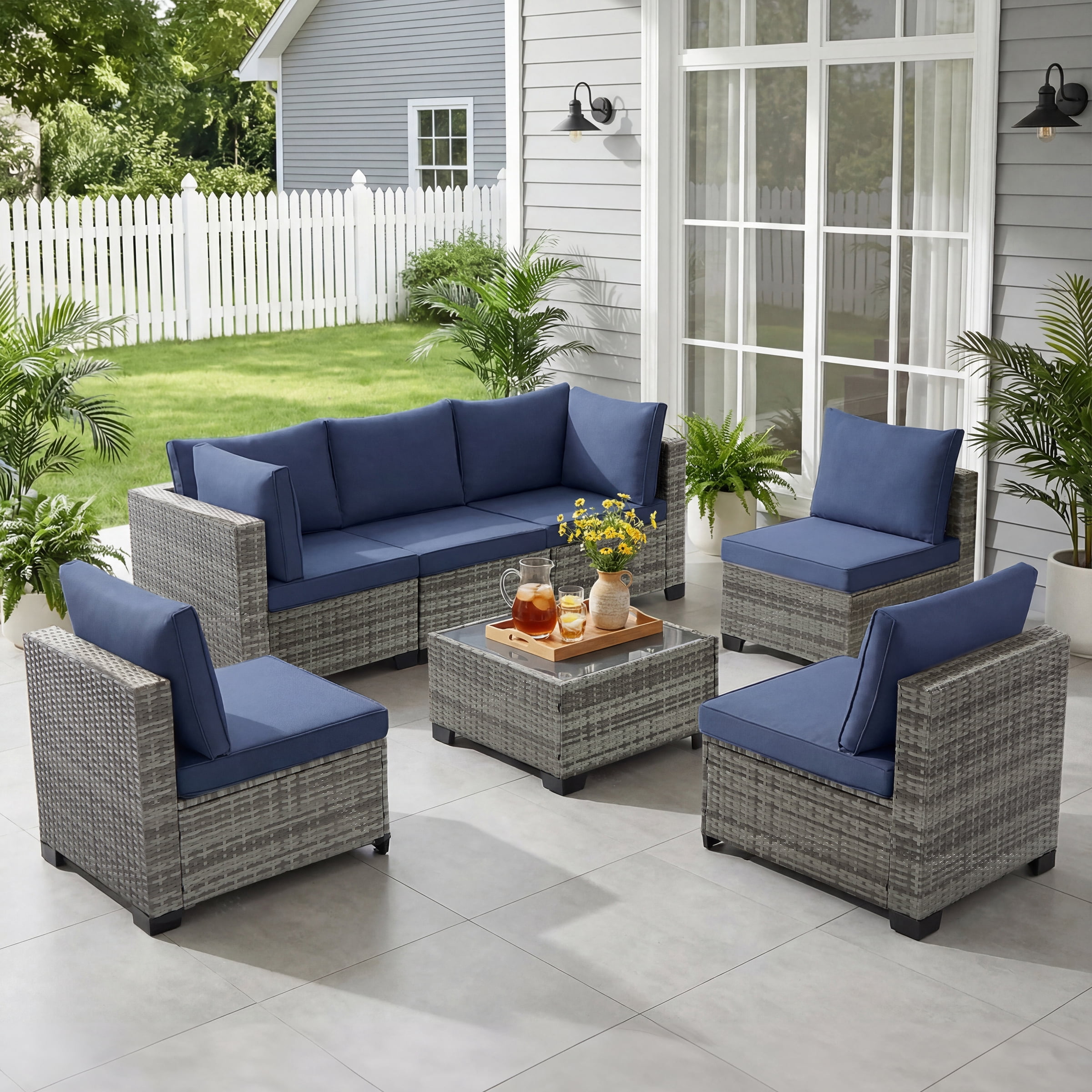 Ebello 7-Piece Modular Outdoor Patio Sectional Sofa Set with Glass Coffee Table (Navy Blue, 7-Piece) 69jwu