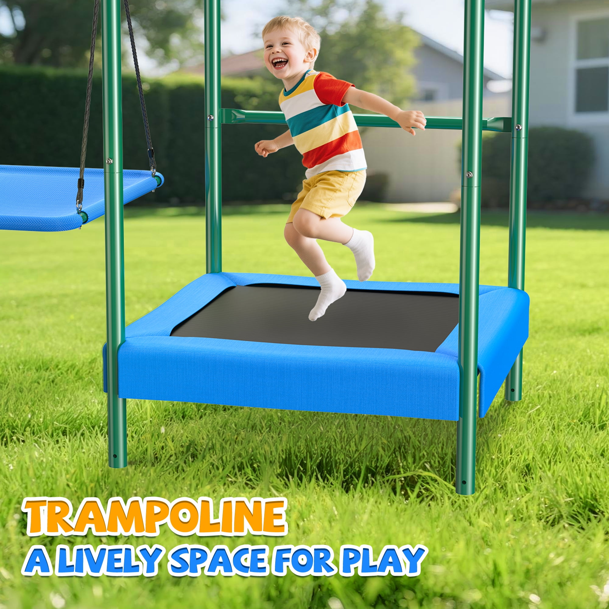 Easoger Metal Swing Set for Backyard, Heavy-Duty Outdoor Kids Playset with Trampoline, Platform Swing, 2 Swings and Basketball Hoop (11.1 ft L x 8.3 ft W x 6.1 ft H) mry3p