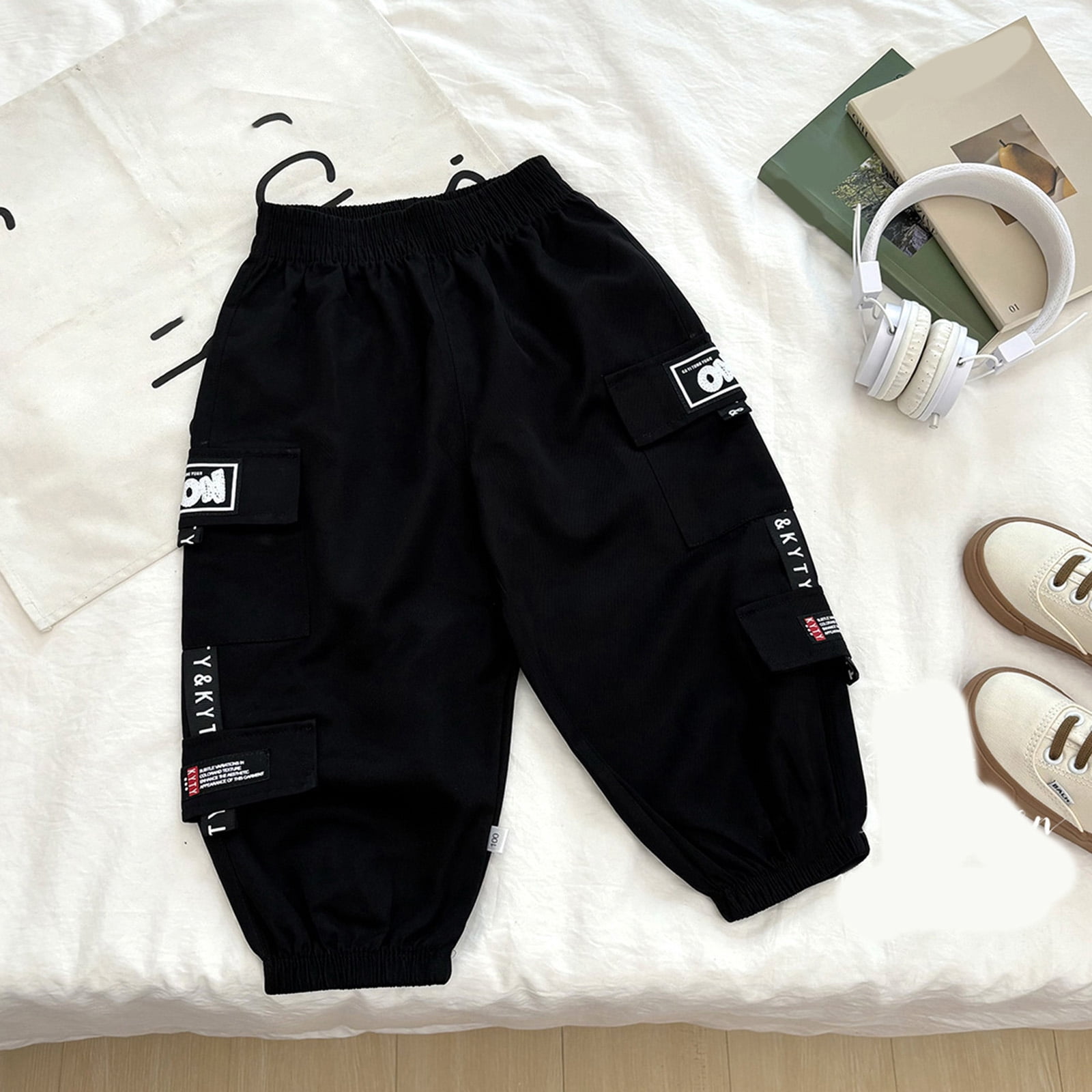 Lauty Boys Active Jogger Pants Elastic Waist Drawstring Sweatpants with Pockets (Black, Size 8) reeiy