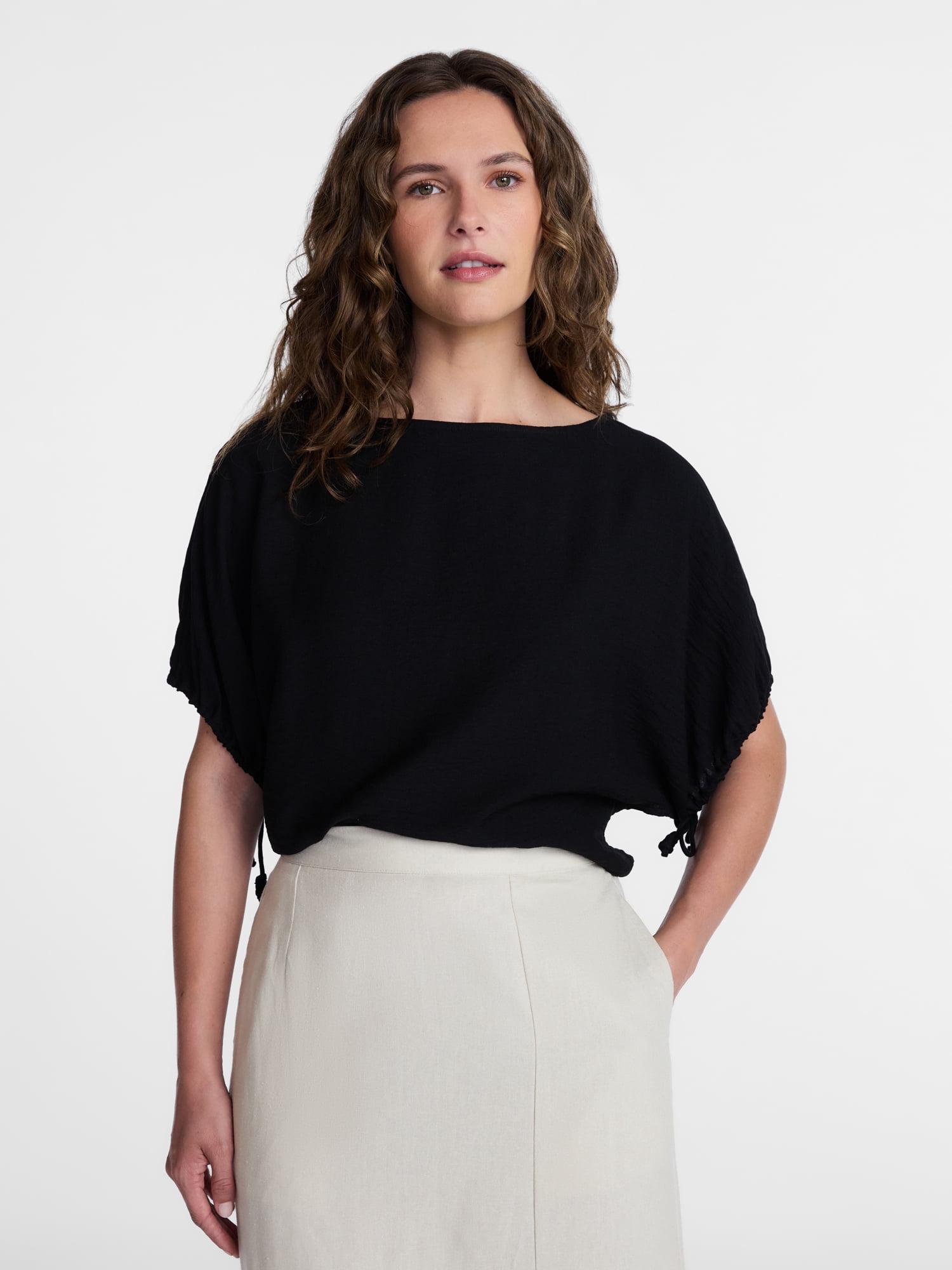 Time and Tru Women's Dolman Sleeve Top Relaxed Fit Crewneck Shirt (Black, XS) xd5t1