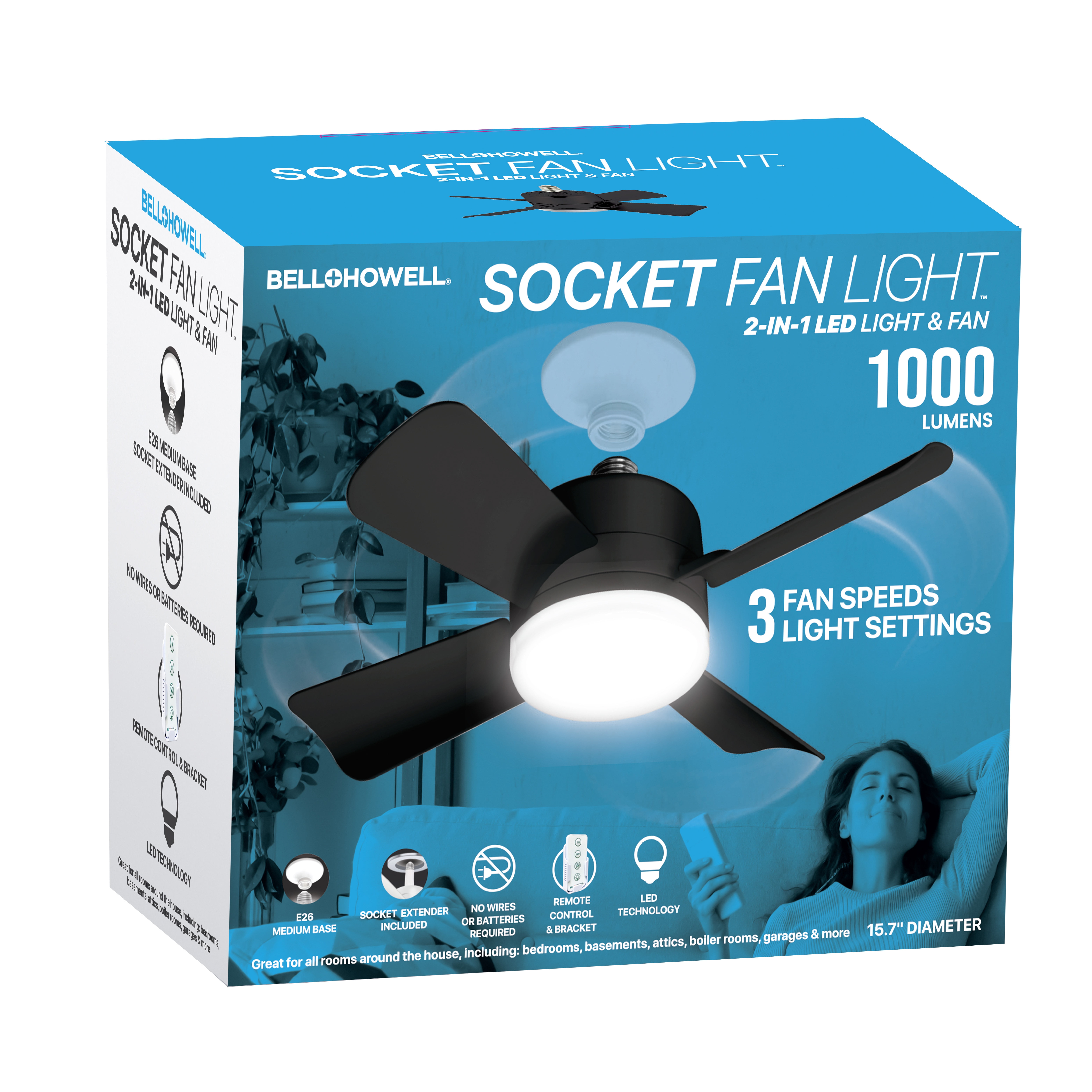 Bell + Howell Socket Breeze Ceiling Fan with LED Light and Remote (White, 15.4 in) ntcs1